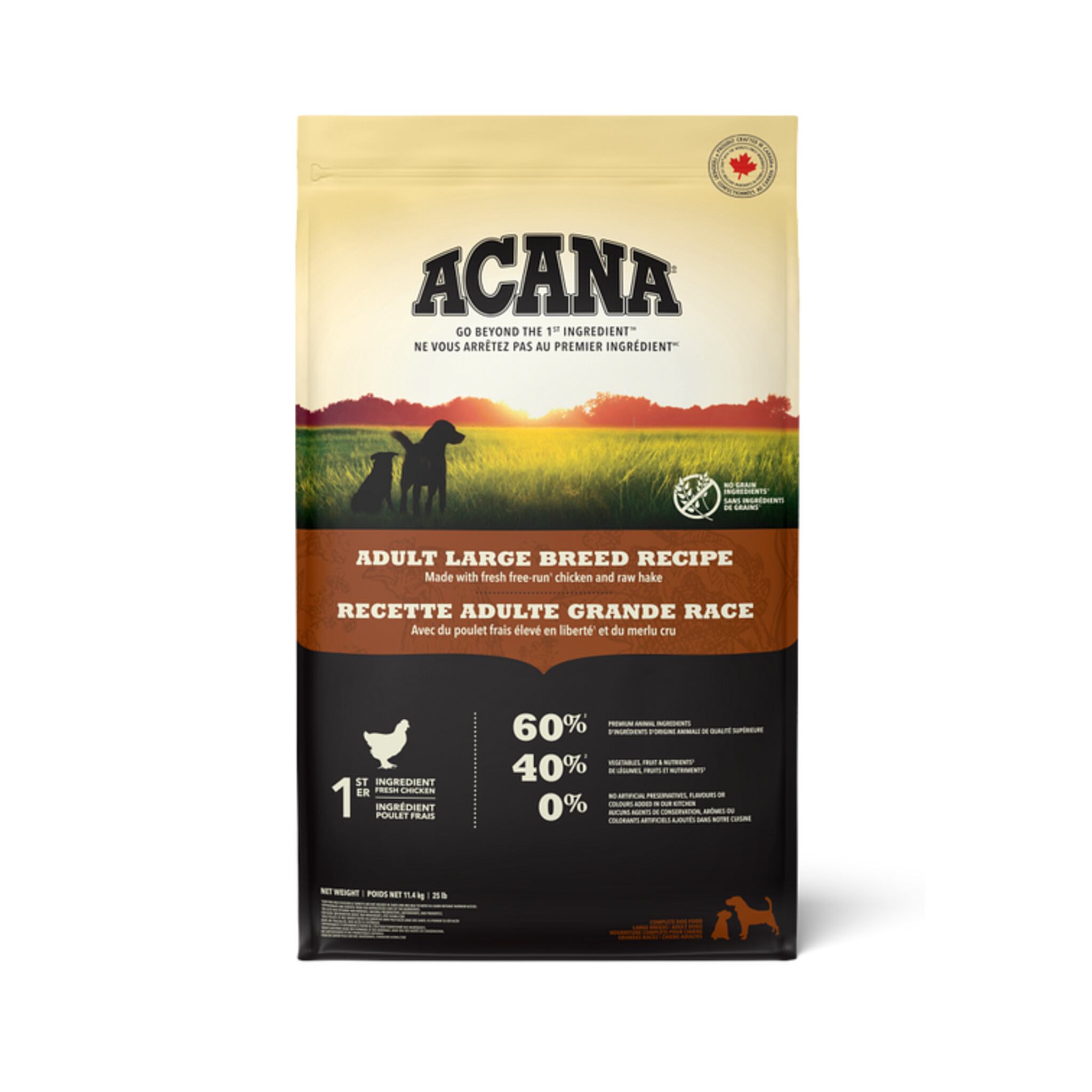 A bag of Acana large breed adult dog food, chicken recipe, 25 lb.