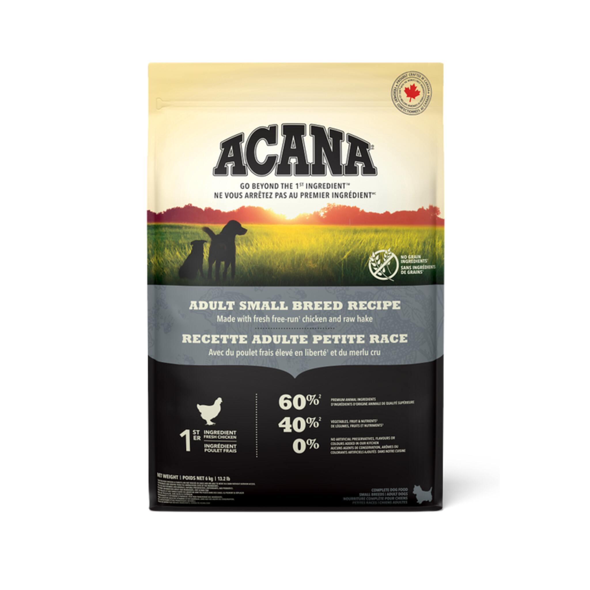 A bag of Acana adult small breed dog food, chicken recipe, 13.2 lb.