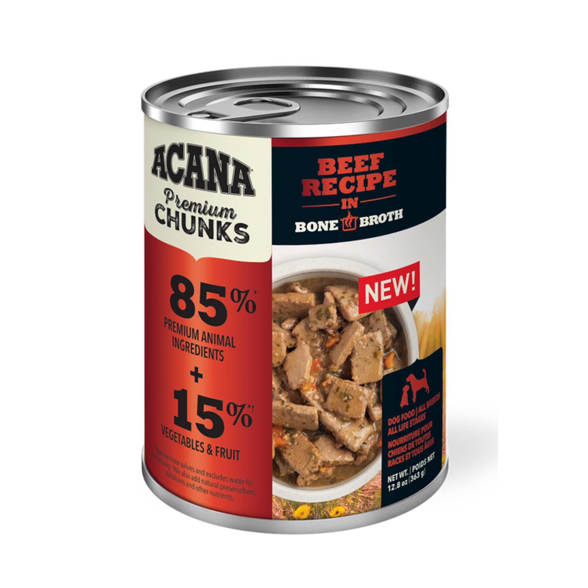 A can of Acana wet dog food, beef recipe, 12.8 oz.