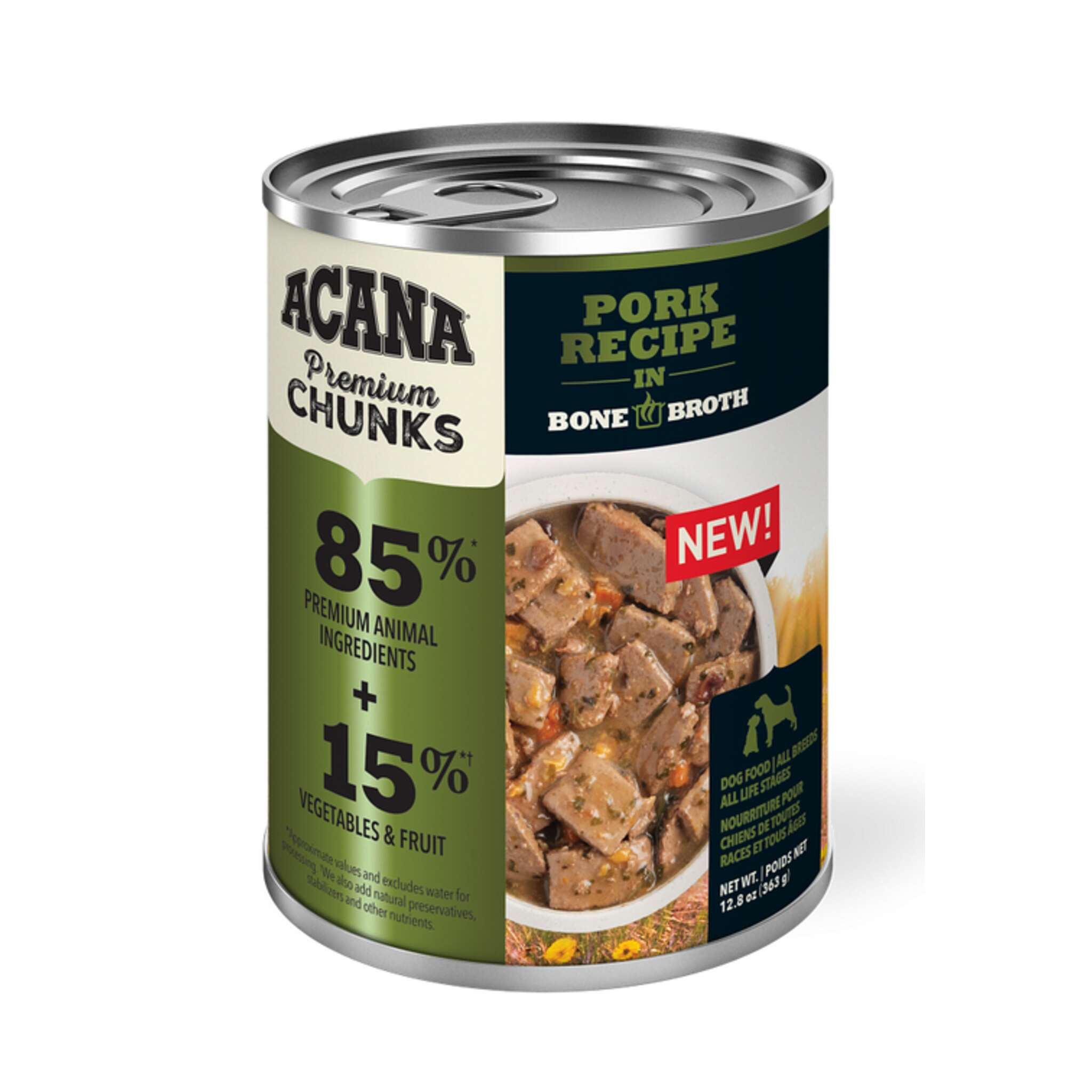 A can of Acana wet dog food, Pork recipe, 12.8 oz.