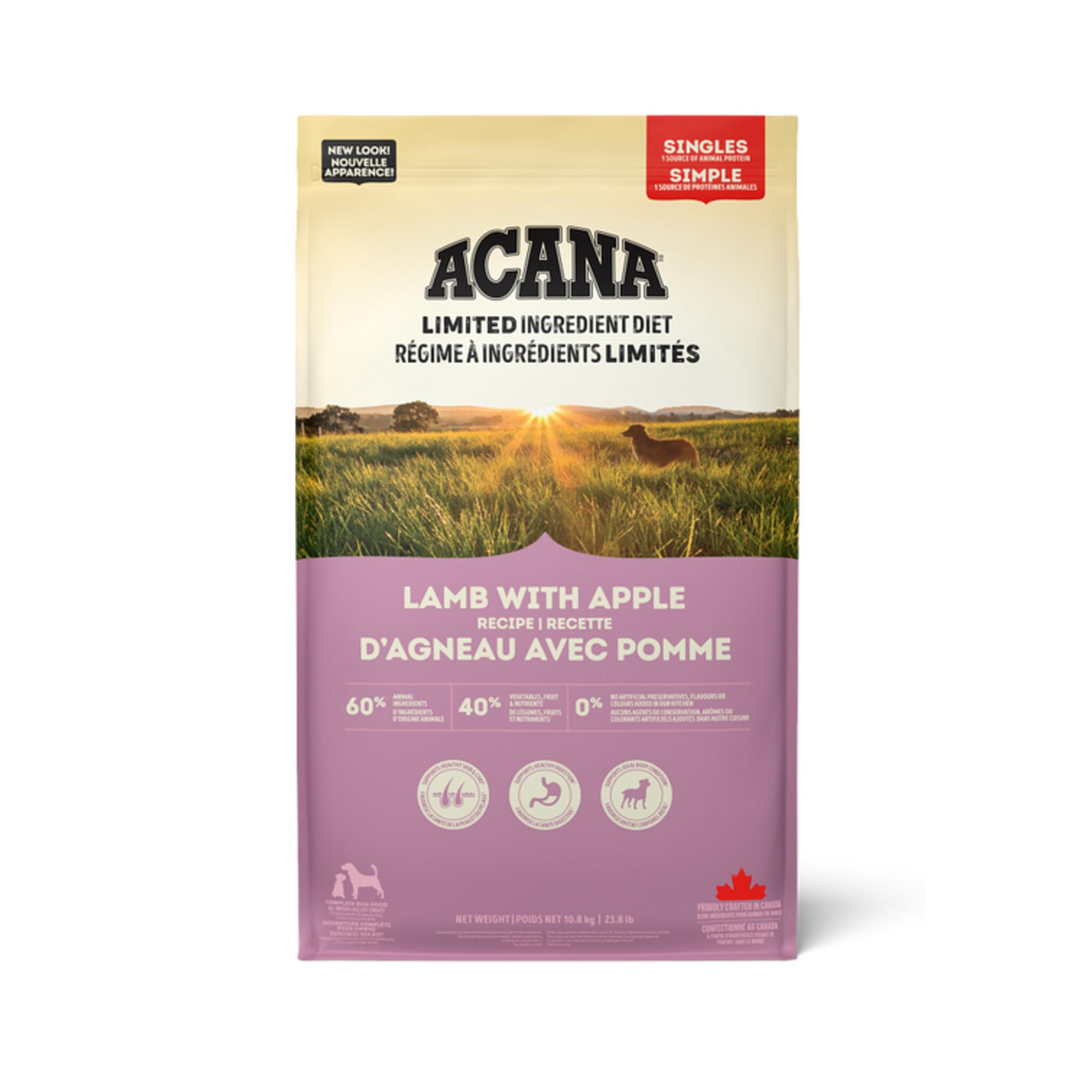 A bag of Acana Singles dog food, Lamb with Apple recipe, 23.8 lb.