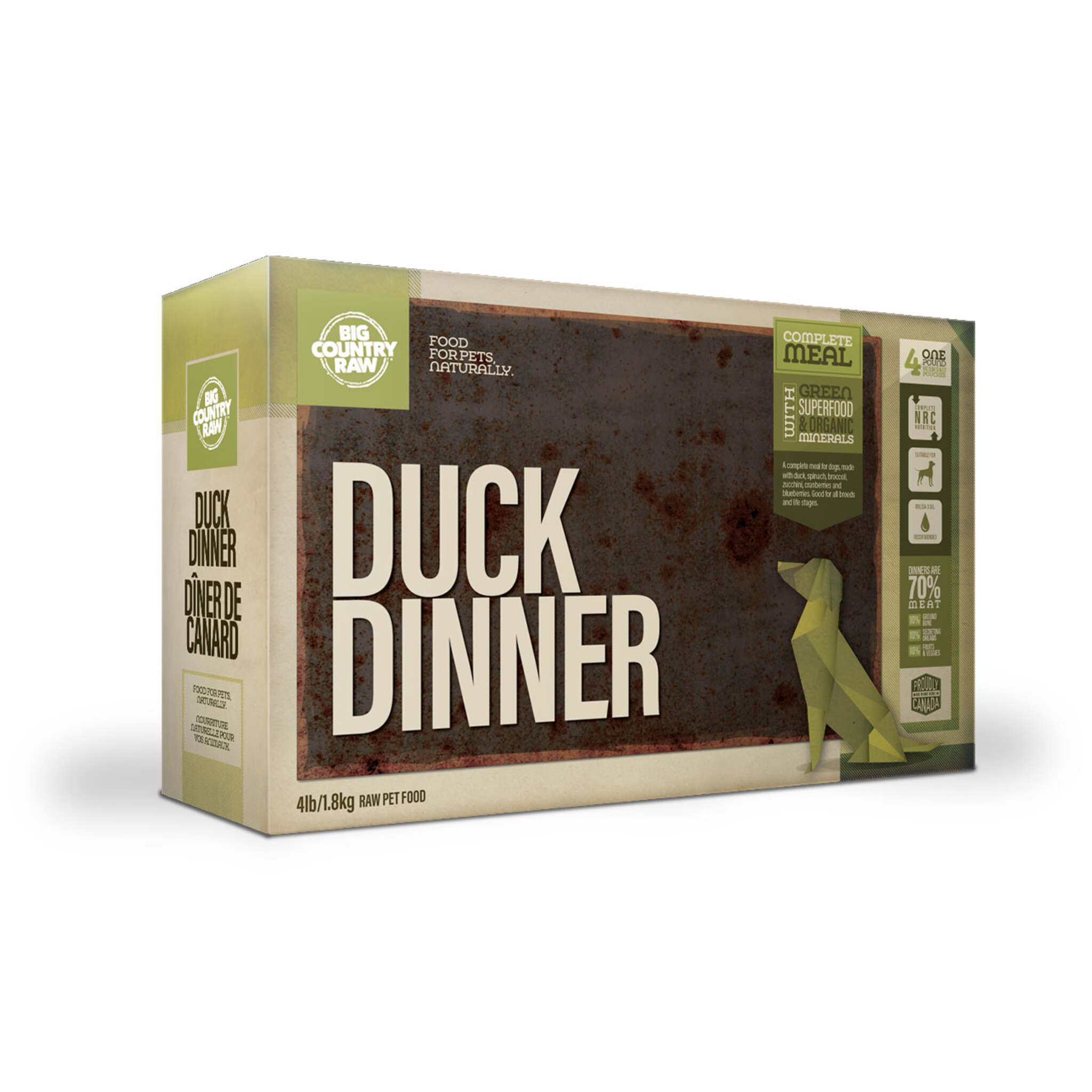 A carton of Big Country Raw dog food, Duck dinner recipe, 4 lb (contains four 1 lb patties), requires freezing.