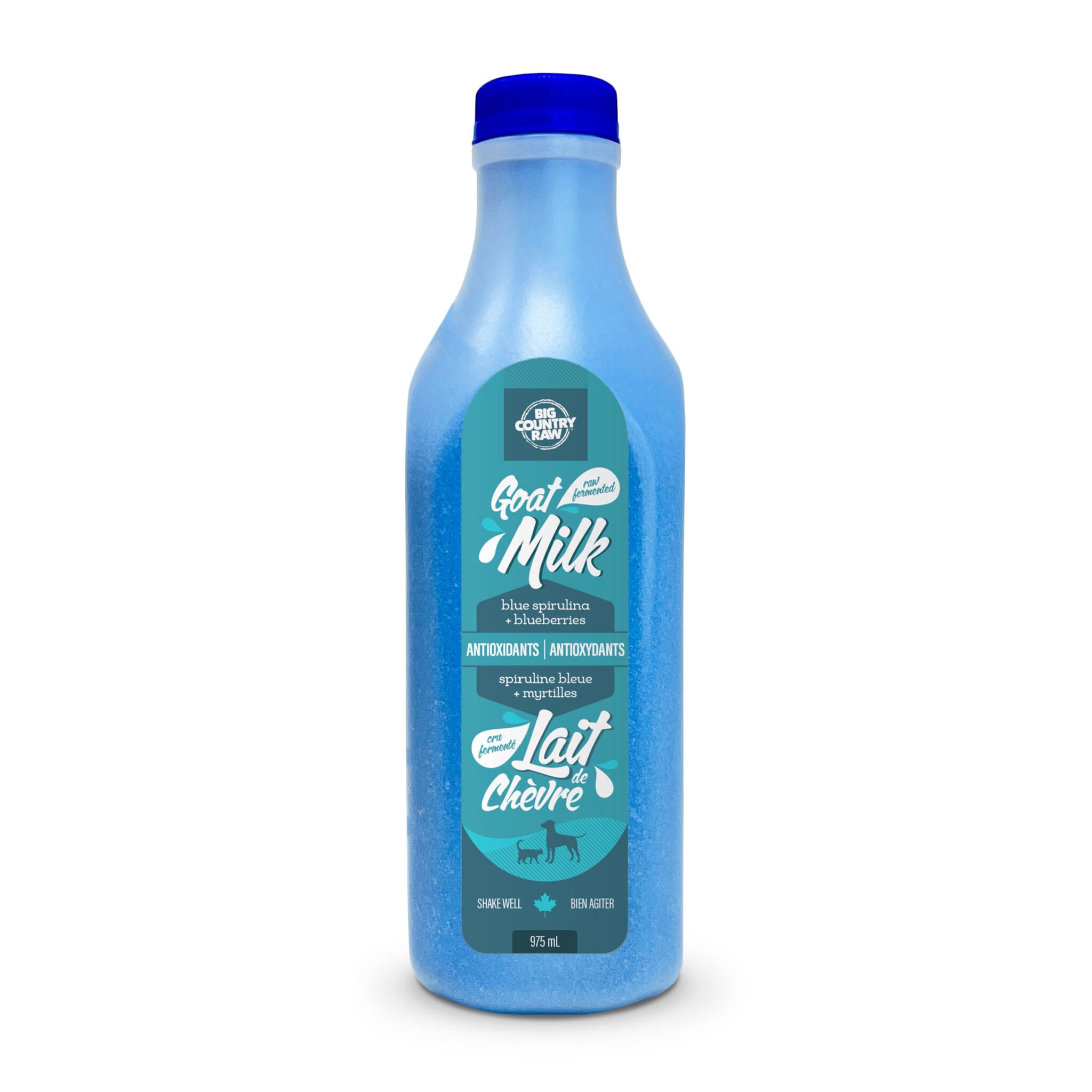 A container of Big Country Raw Goat Milk, Antioxidants recipe with blue spirulina, 975 mL, requires freezing.