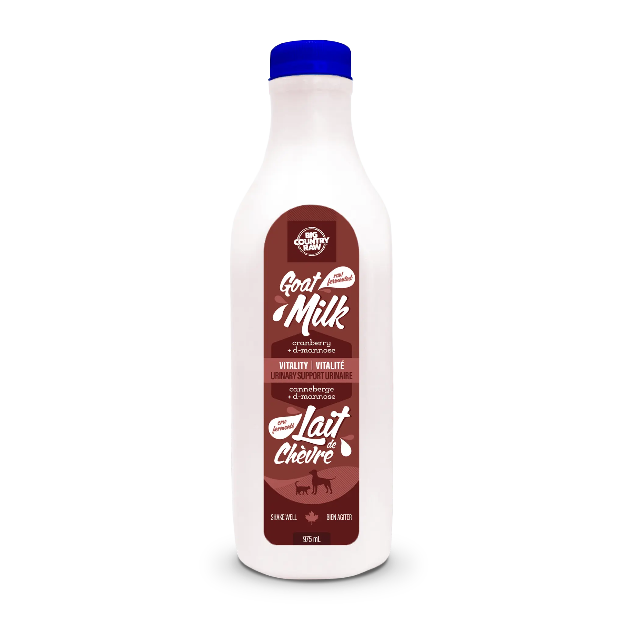 Bottle of Vitality Goat milk from big country raw that offers urinary support. 975 mL.