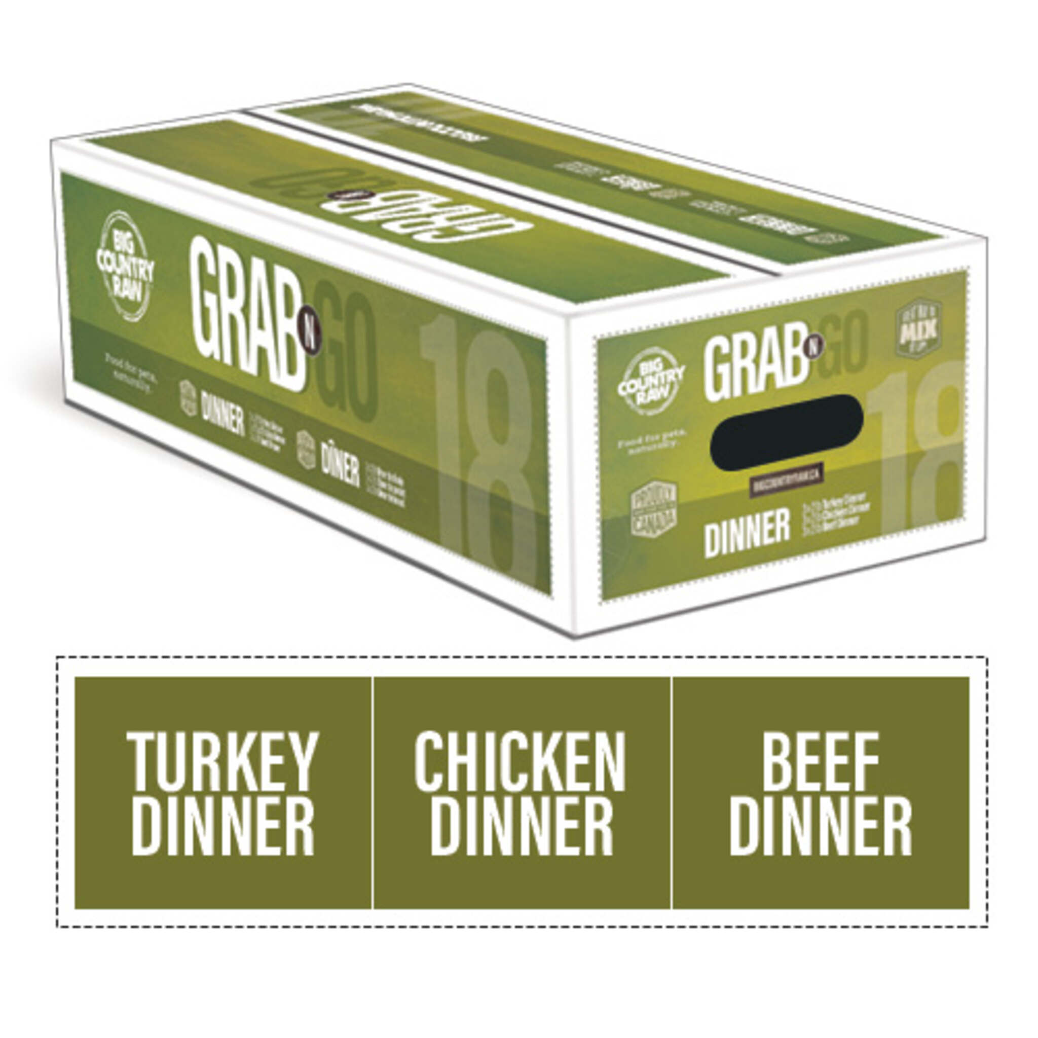 A box of Big Country Raw Grab & Go Dinner 18, bulk dog food, contains 3 recipes: turkey dinner, chicken dinner, beef dinner, 18 lb (contains nine 2 lb containers), requires freezing.