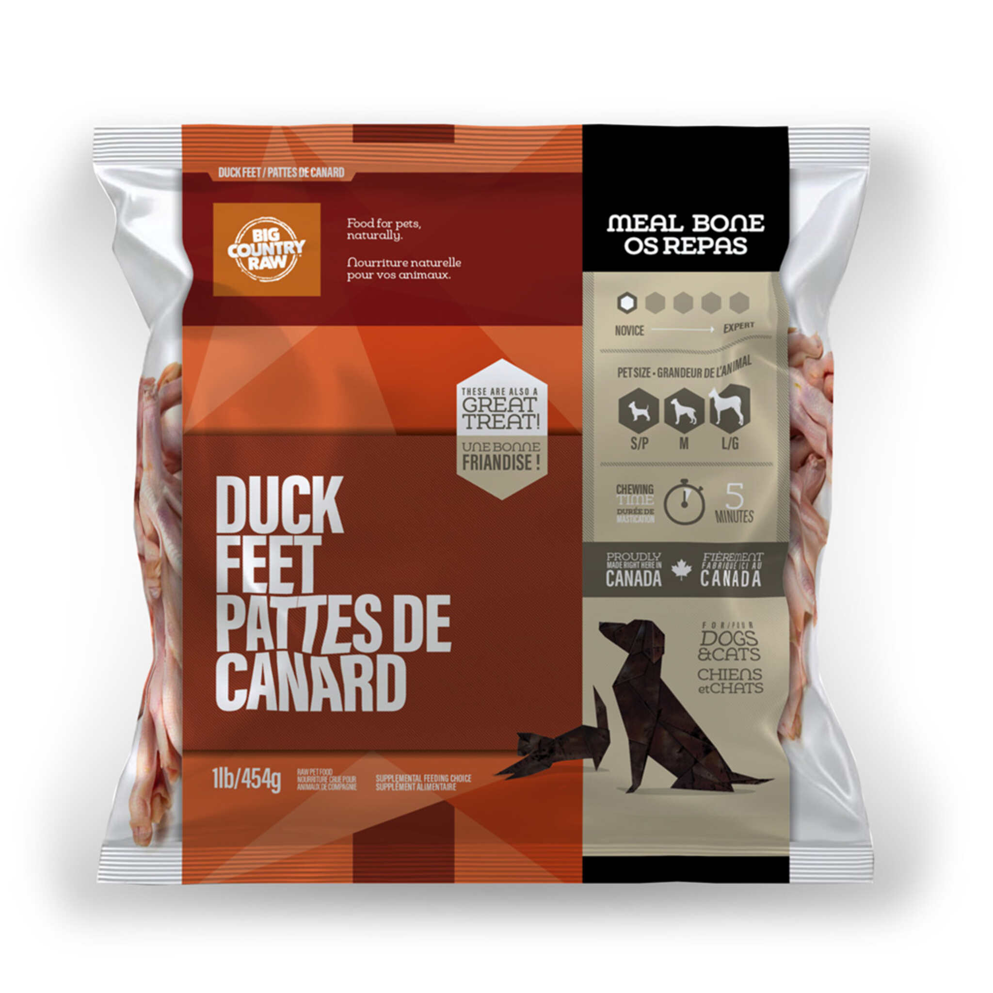 A bag of Big Country Raw Duck Feet, Cat or Dog treat, 1 lb, roughly 5 minutes chewing time per treat, requires freezing.