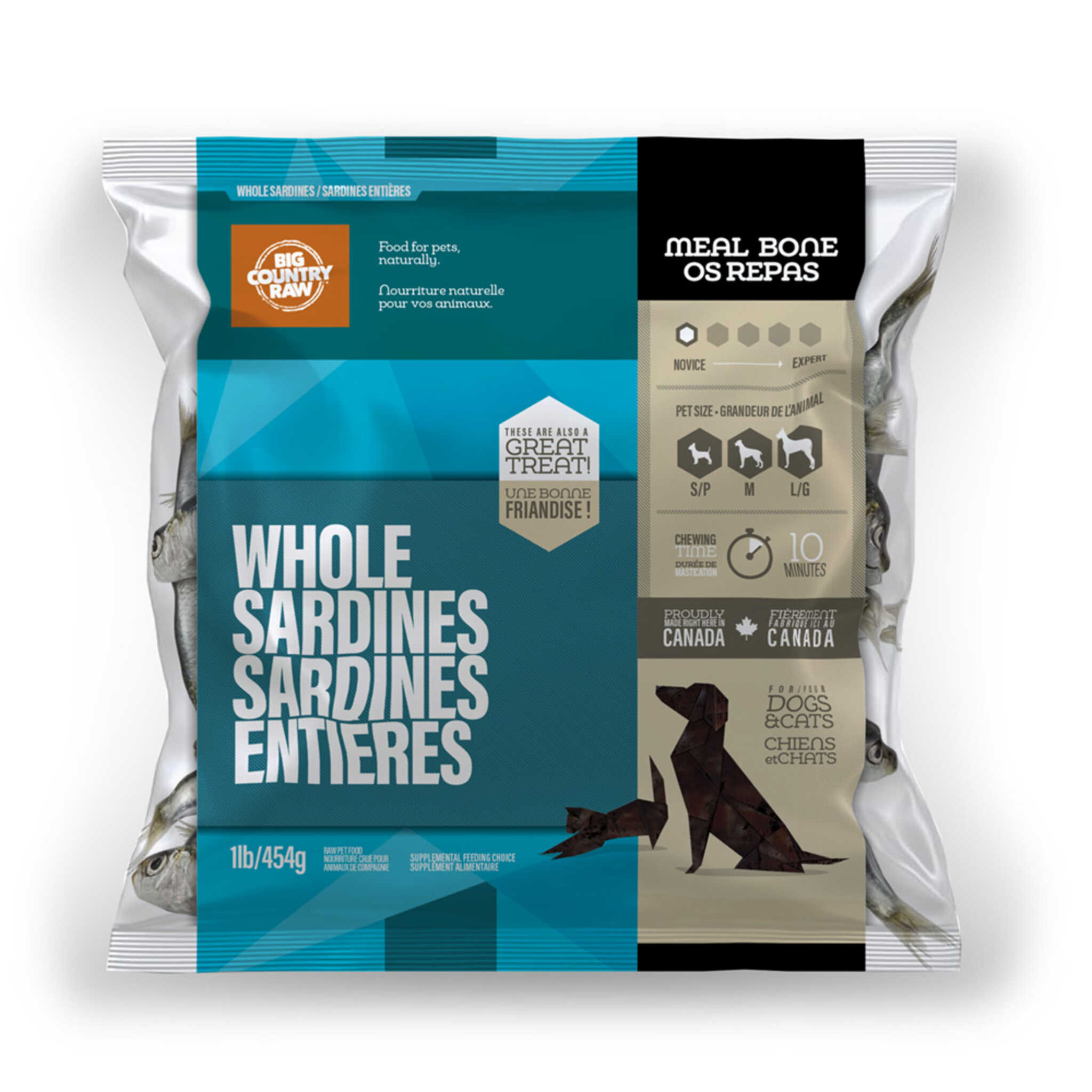 A bag of Big Country Raw Whole Sardines, Cat or Dog treat, 1 lb, roughly 10 minutes chewing time per serving size, requires freezing.