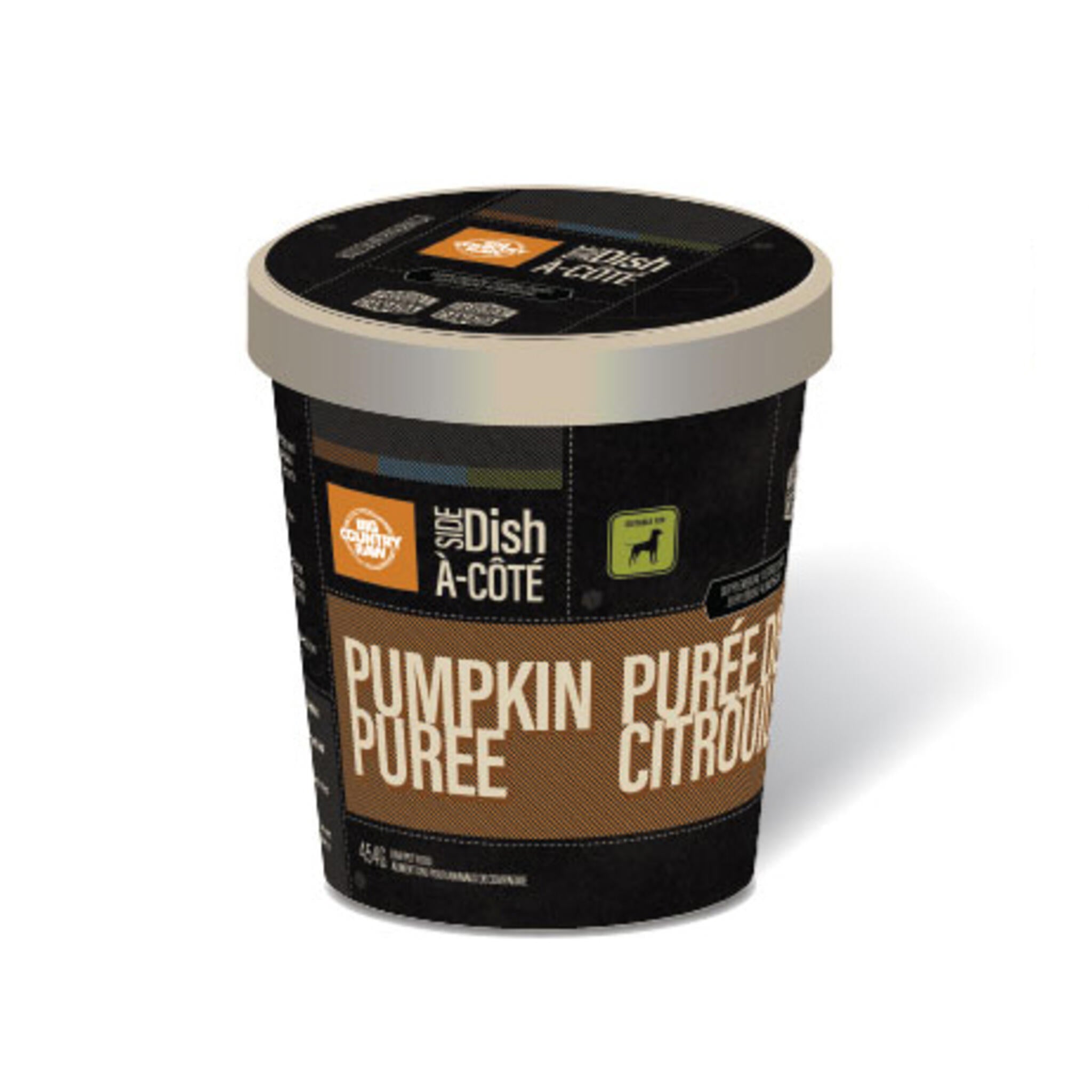 A container of Big Country Raw Side Dish, Pumpkin Puree, Dog topper or treat, 1 lb, requires freezing.