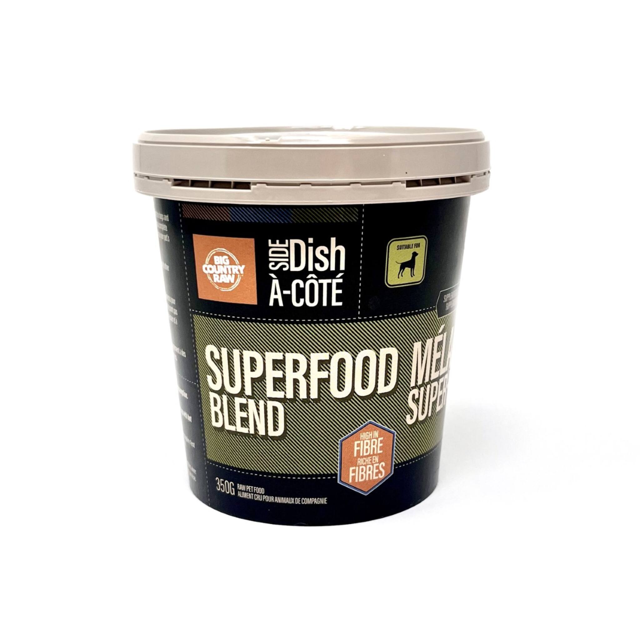 A container of Big Country Raw Side Dish, Superfood blend recipe, dog food topper, 350 grams, requires freezing.