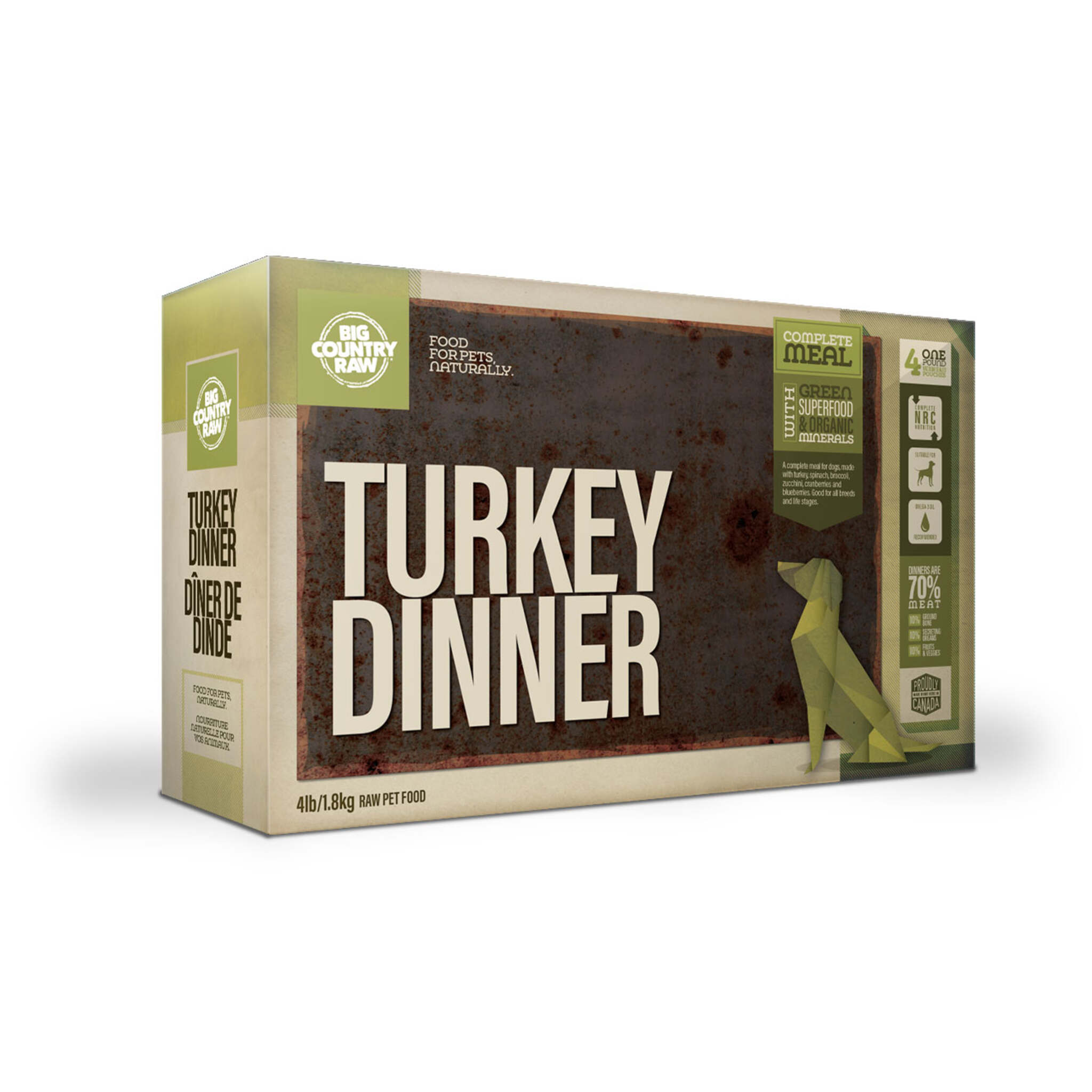 A carton of Big Country Raw dog food, Turkey Dinner recipe, 4 lb (contains four 1 lb patties), requires freezing.