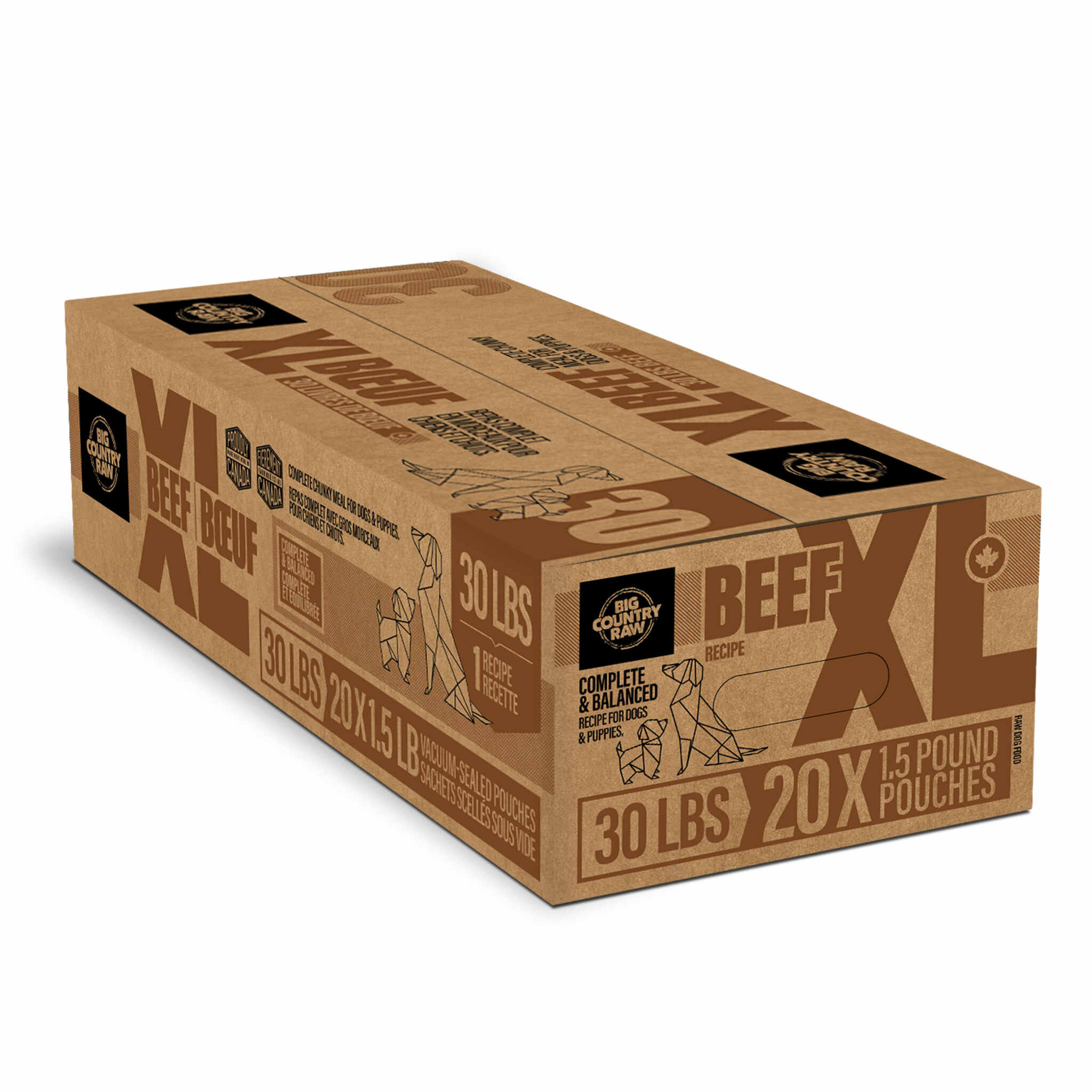 A box of Big Country Raw XL, bulk dog food, Beef recipe, 30 lb (contains twenty 1.5 lb pouches), requires freezing.