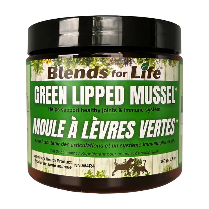 160 gram jar of Blends for Life Green Lipped Mussel pet supplement.