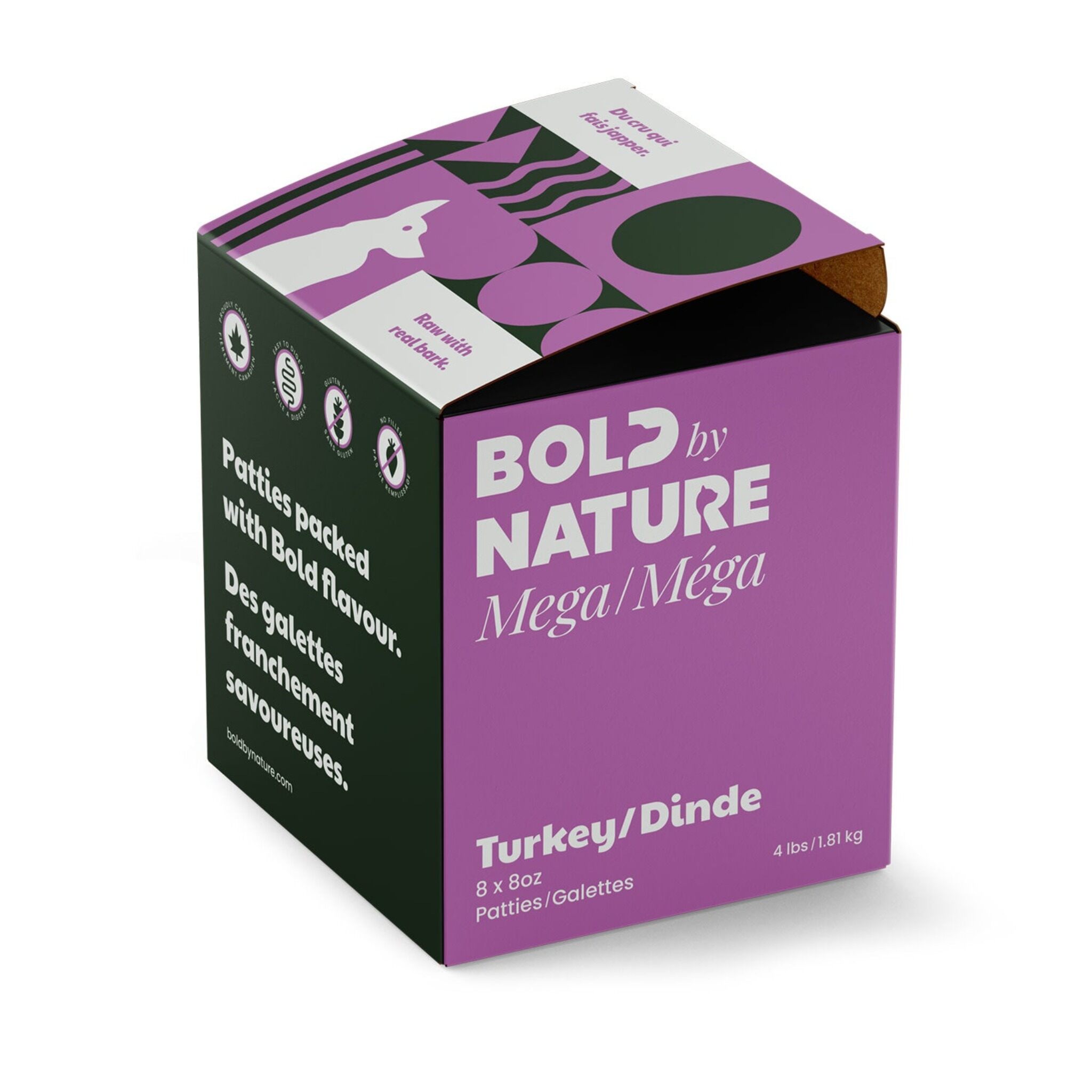 Bold Mega raw dog food, turkey recipe, 4 lb (contains eight 8 oz patties).