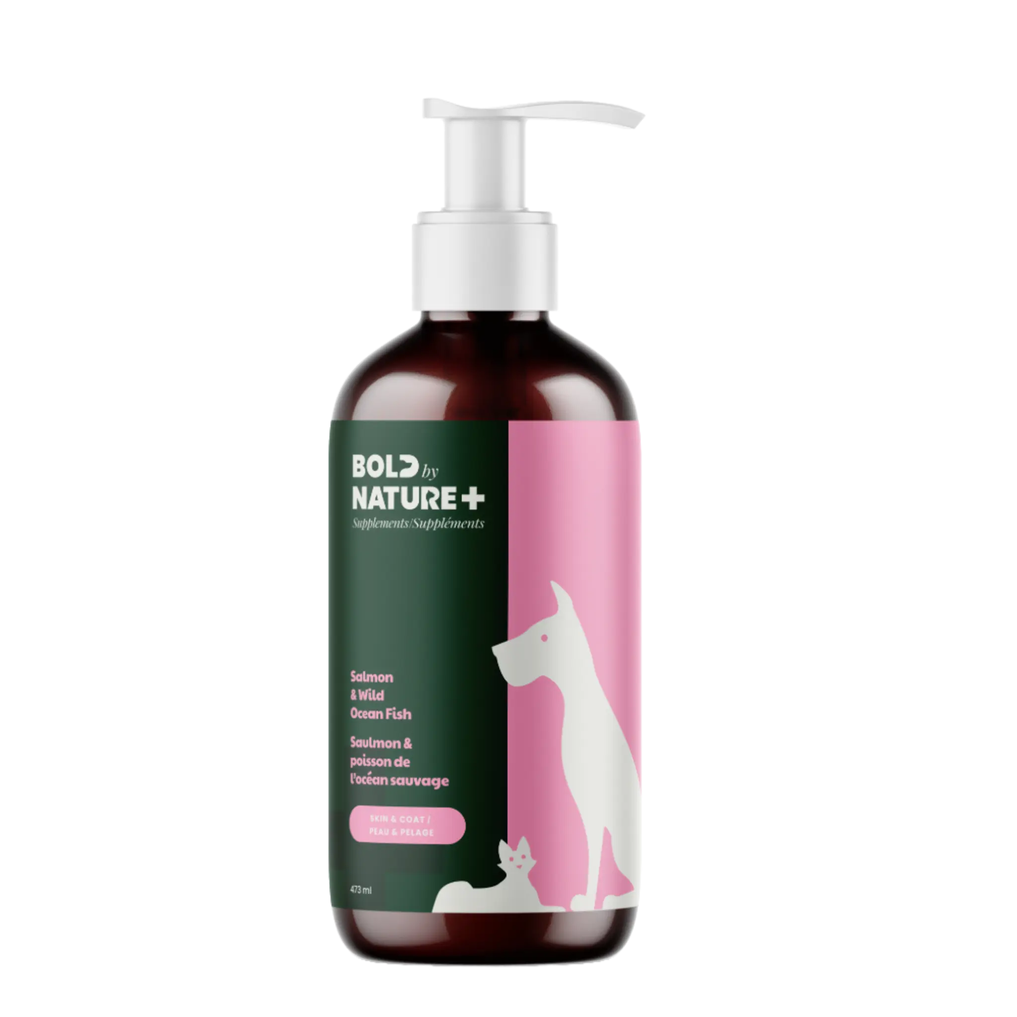 Bottle of Bold by Nature Salmon and Wild Ocean Fish oil with pump lid.