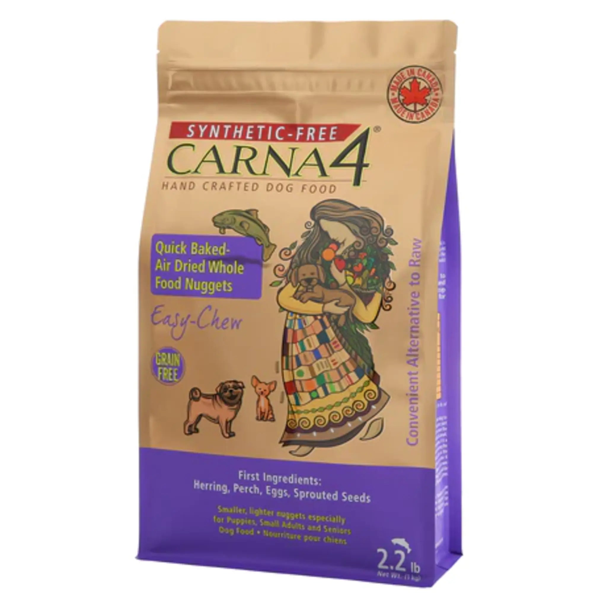 A bag of Carna4 Hand Crafted Dog Food, Easy-Chew Fish Recipe, Synthetic-Free, Made in Canada, 2.2 lb
