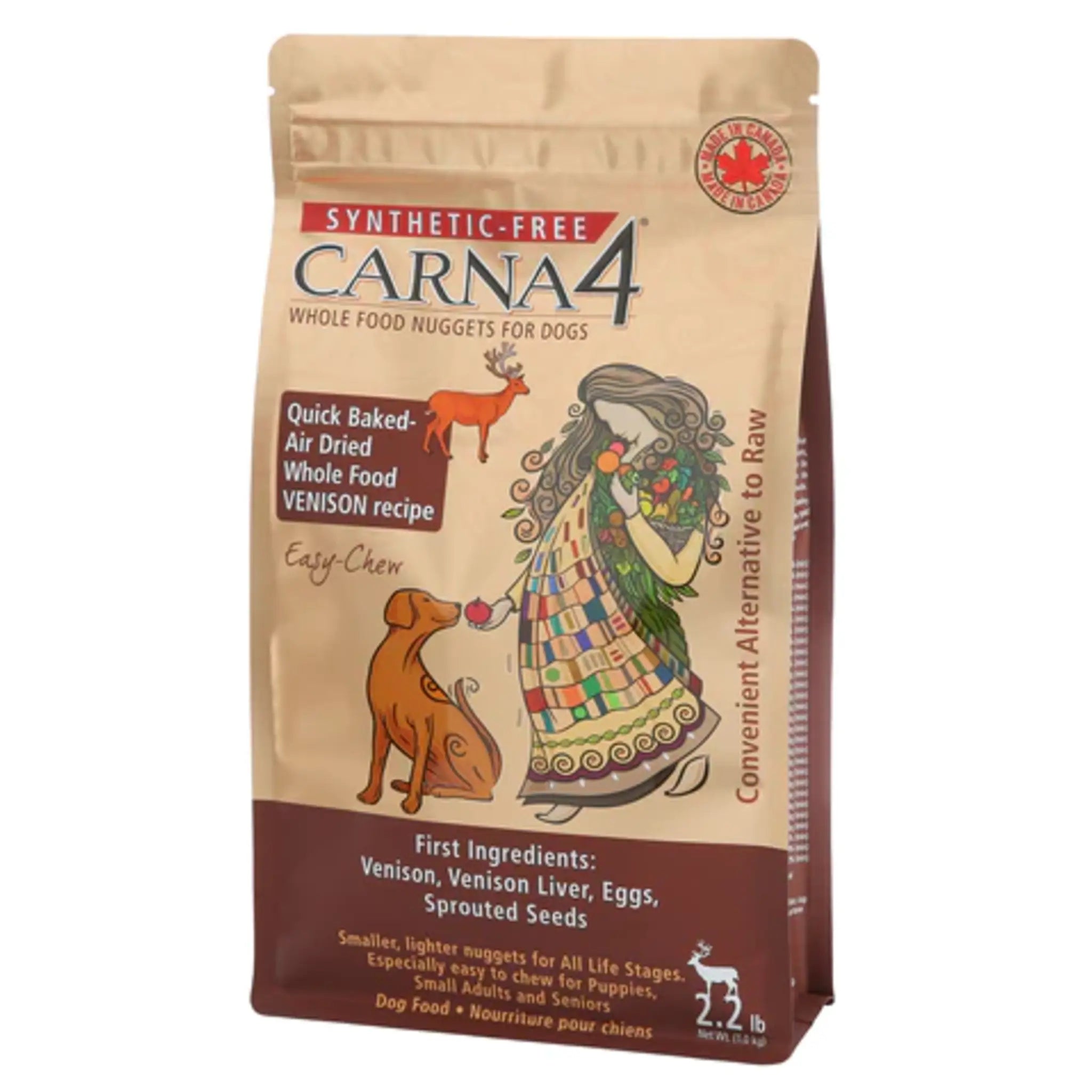 A bag of Carna4 Whole Food Nuggets Dog Food, Easy-Chew Venison Recipe, Synthetic-Free, Made in Canada, 2.2 lb
