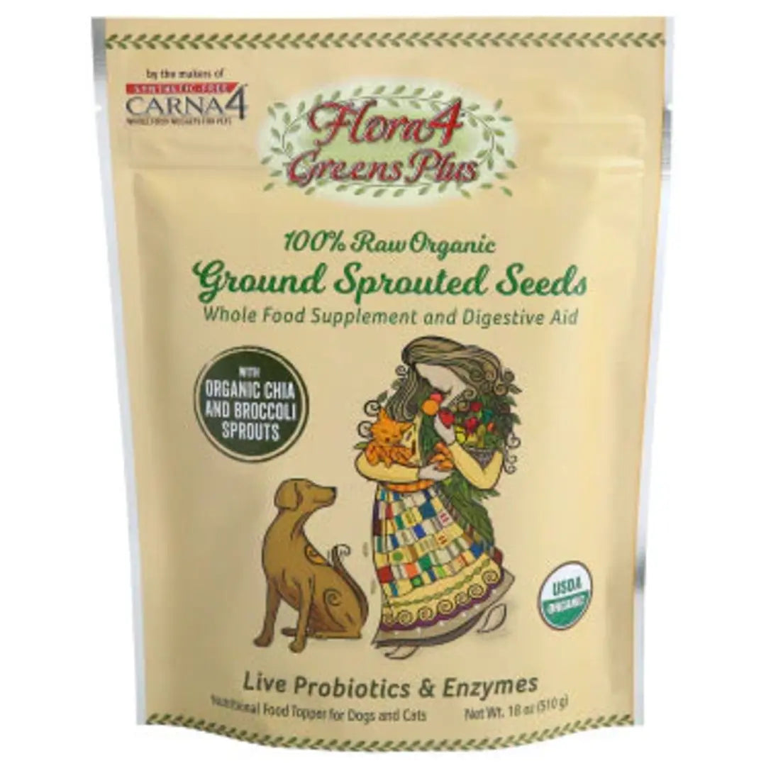 A large pouch of Carna4 Flora4 Greens Plus Spouted Seeds Supplement for Dogs & Cats, 18 oz. 100% Raw Organic.