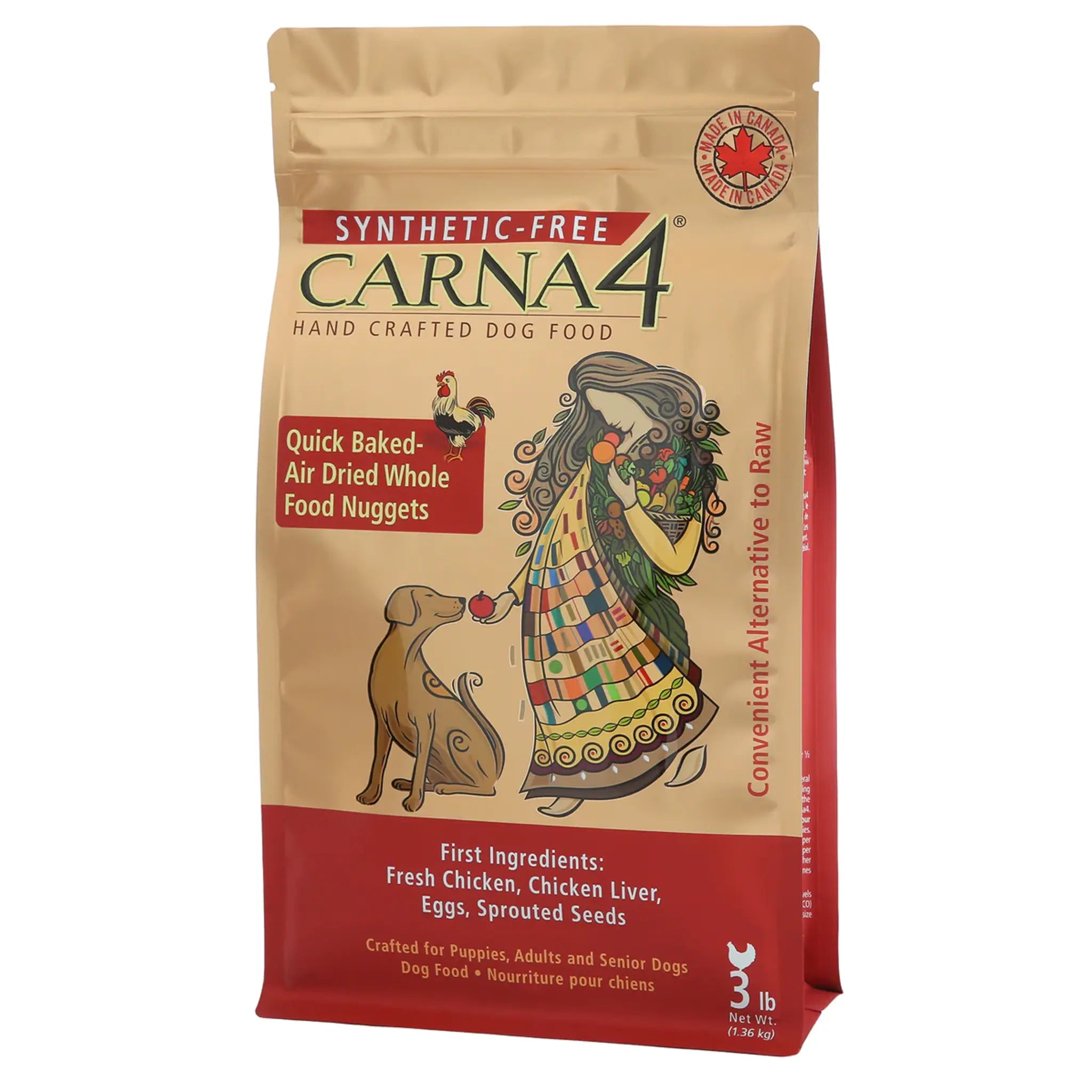 A bag of Carna4 Hand Crafted Dog Food, Chicken Recipe, Synthetic-Free, Made in Canada, 3 lb