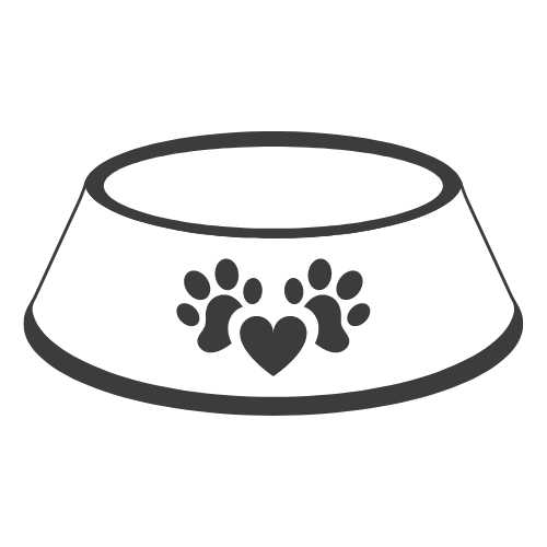 A black and white cartoon cat bowl with paws and a heart on the front.