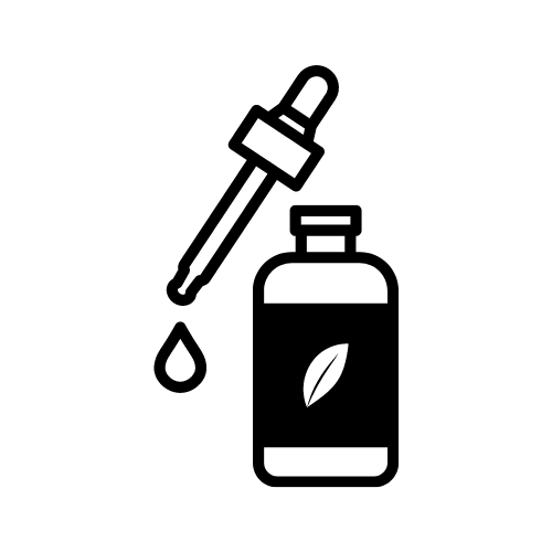 A black and white cartoon supplement bottle with a white leaf on the front and an eye-dropper dispenser.