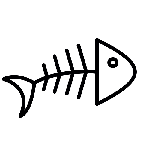 A black and white cartoon image of a fish skeleton facing to the right.