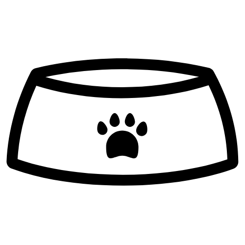 A black and white cartoon dog bowl with a paw on the front.