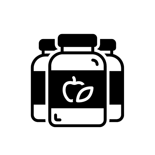 3 black and white cartoon pill bottles, the front bottle has fruit on it.