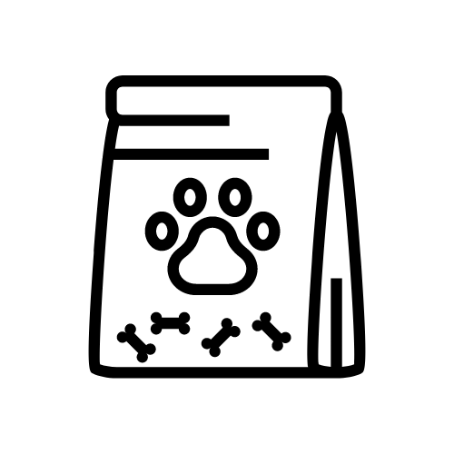 A black and white cartoon dog treat bag with a paw and bones on the front.