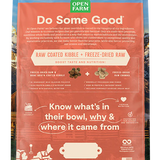 Back of the bag of Open Farm Tide & Terrain Ancient Grains dog food formula.