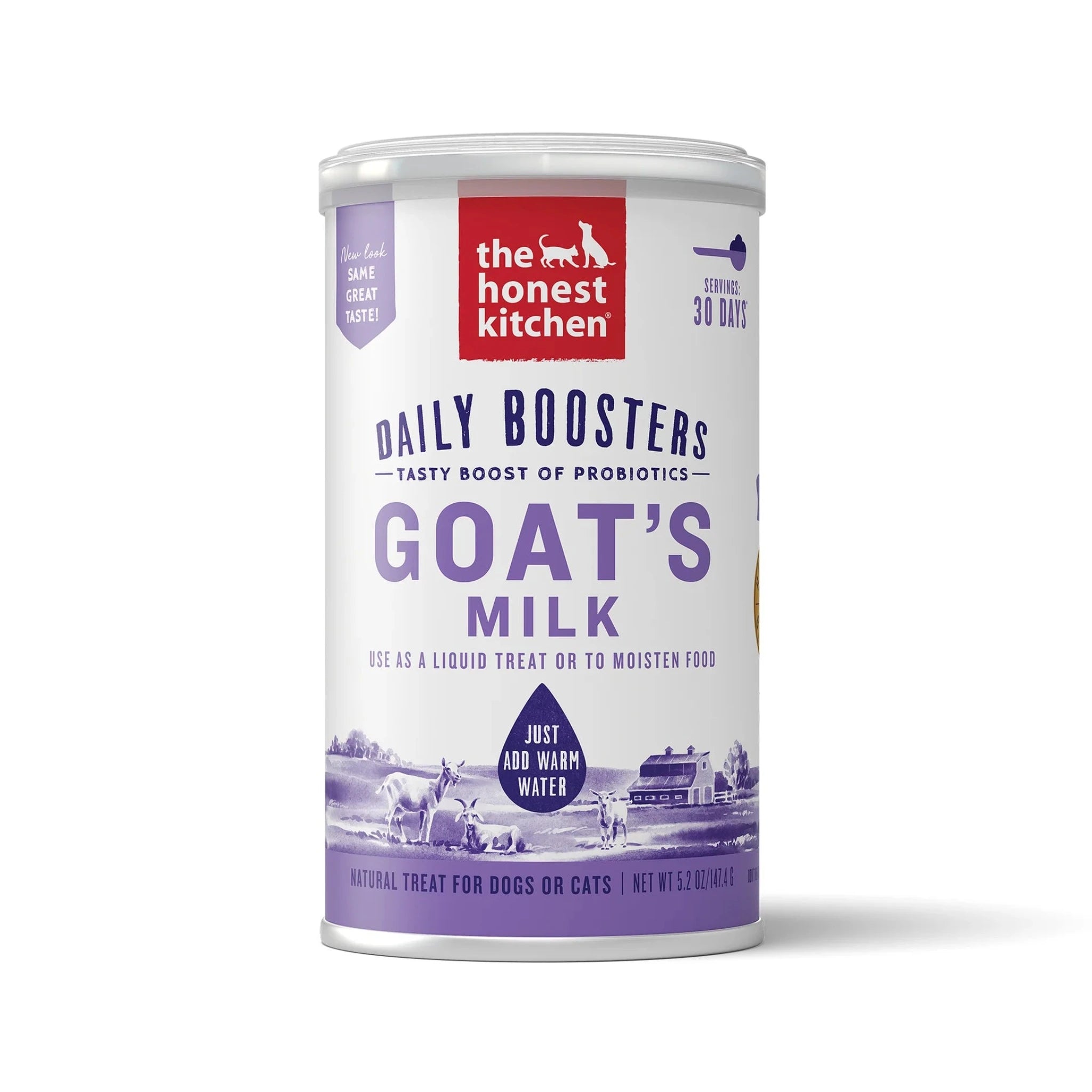 Front image of the can with with instructions to use as a treat or to moisten food. Just add warm water.