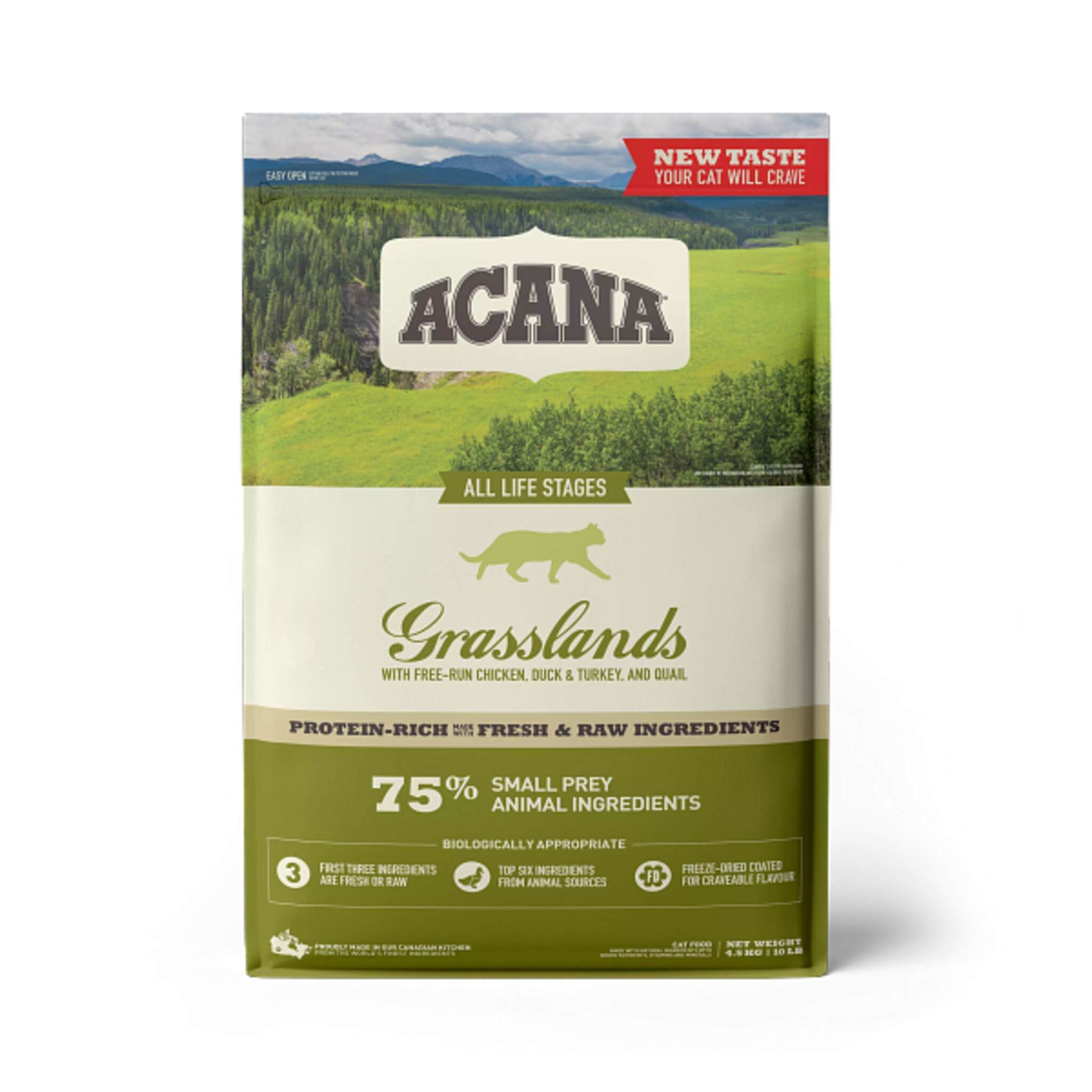A bag of Acana cat food, Grasslands recipe, 10 lb. 
