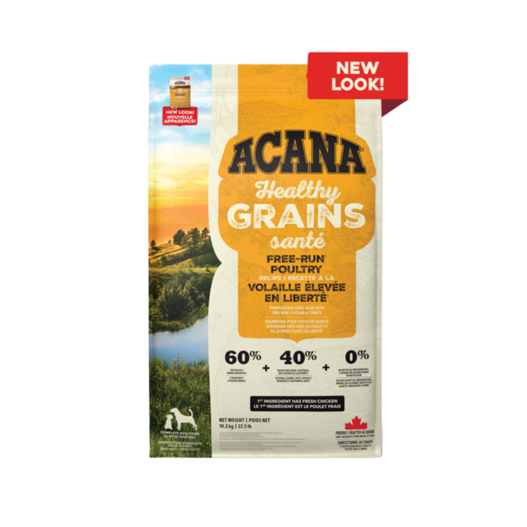 A bag of Acana Healthy Grains dog food, Free-Run Poultry recipe. 22.5 lb.