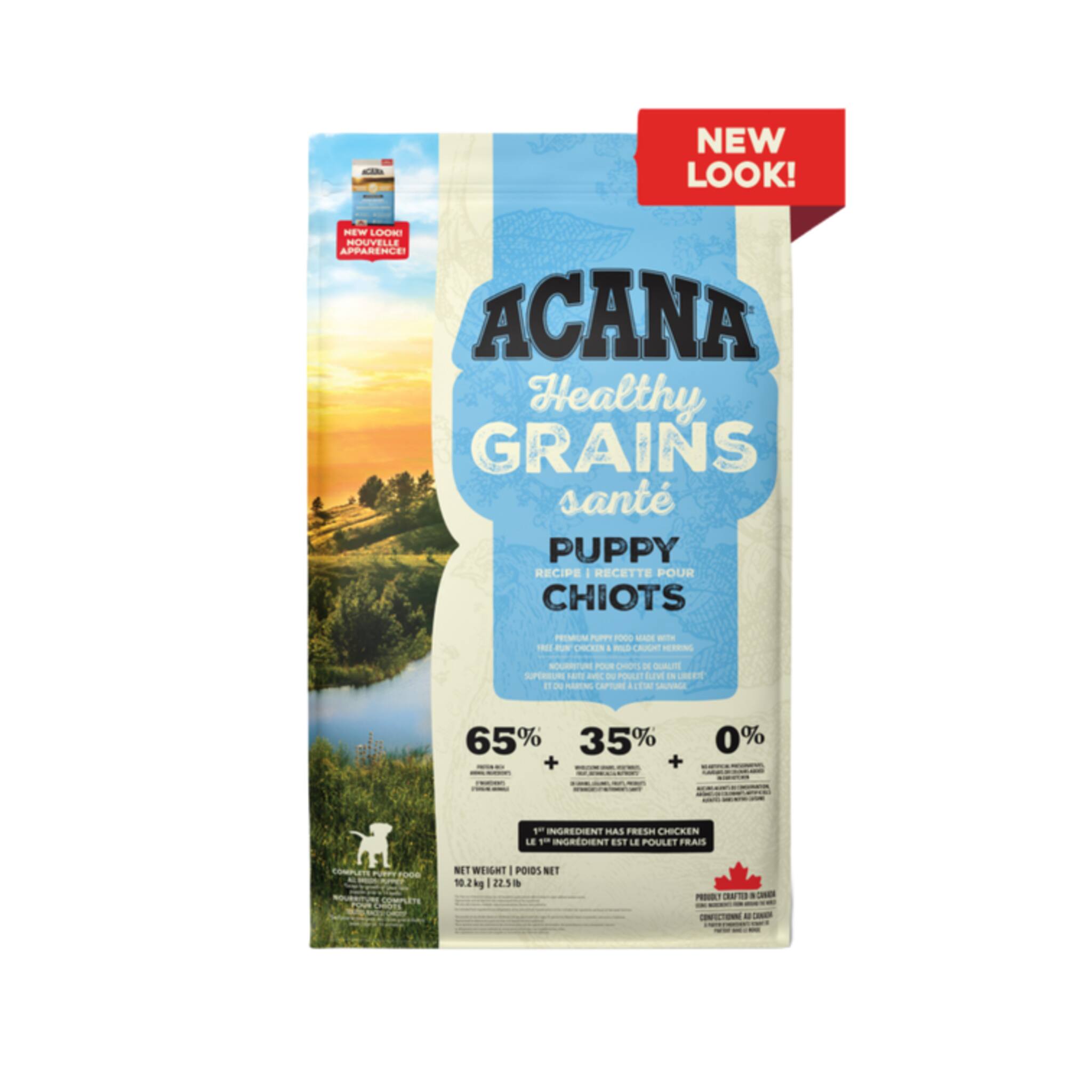 A bag of Acana Healthy Grains Puppy food, chicken recipe, 22.5 lb.