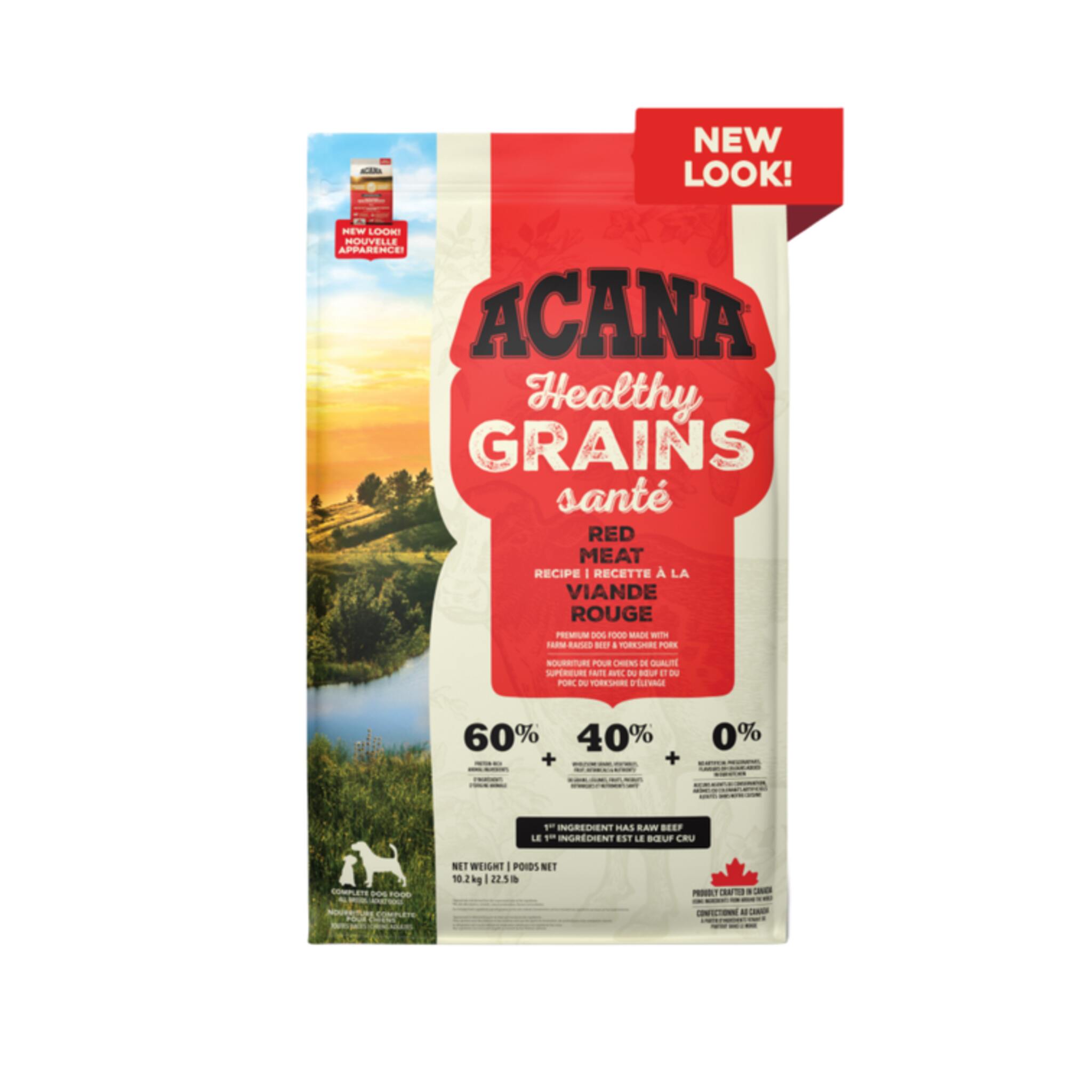 A bag of Acana Healthy Grains dog food, red meat recipe, 22.5 lb.