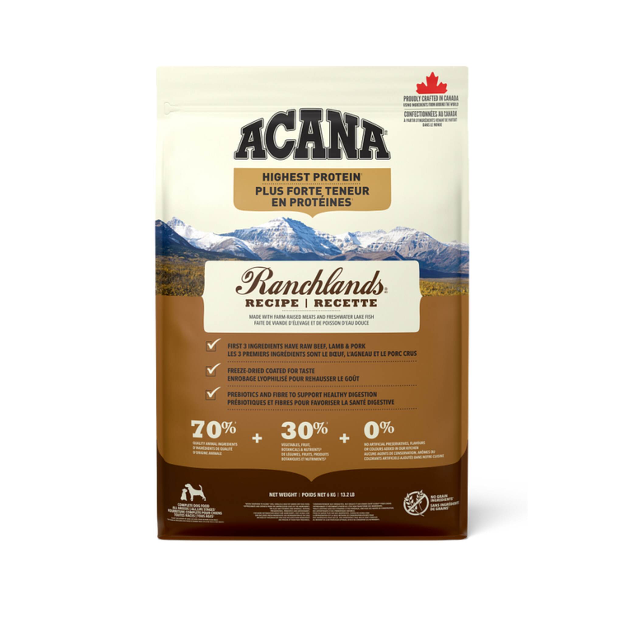 A bag of Acana Highest Protein dog food, Ranchlands recipe, 25 lb.