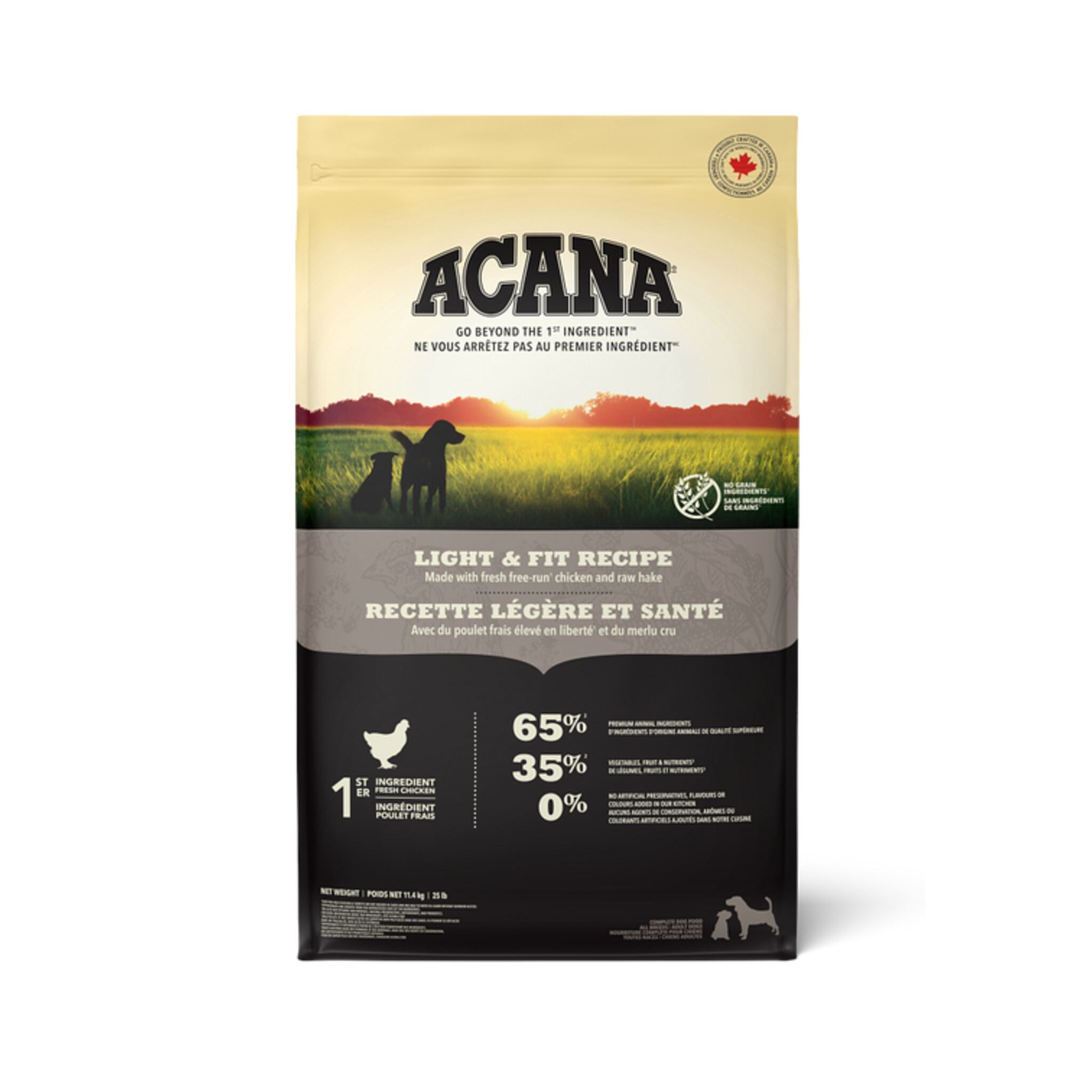 A bag of Acana dog food, Light & Fit recipe, 25 lb.
