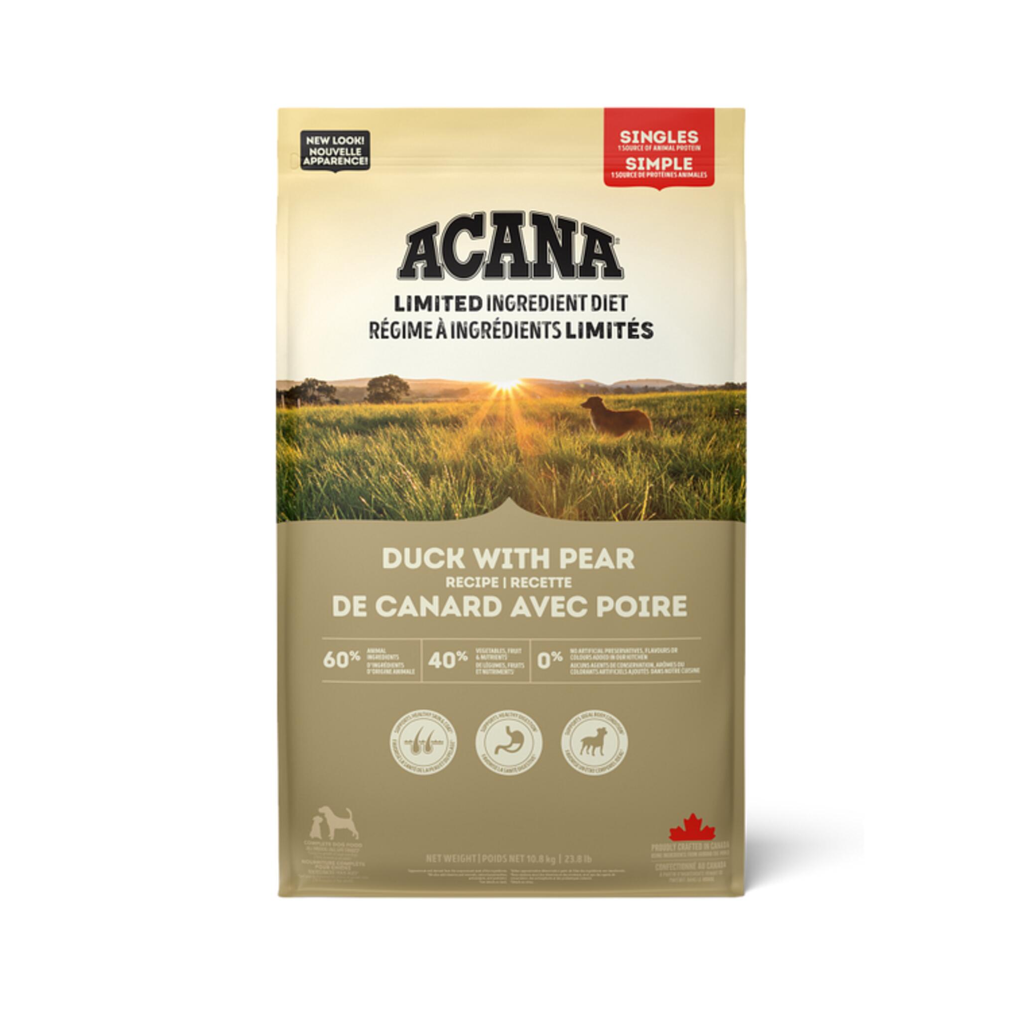 A bag of Acana Singles dog food, Duck with Pear recipe, 23.8 lb.