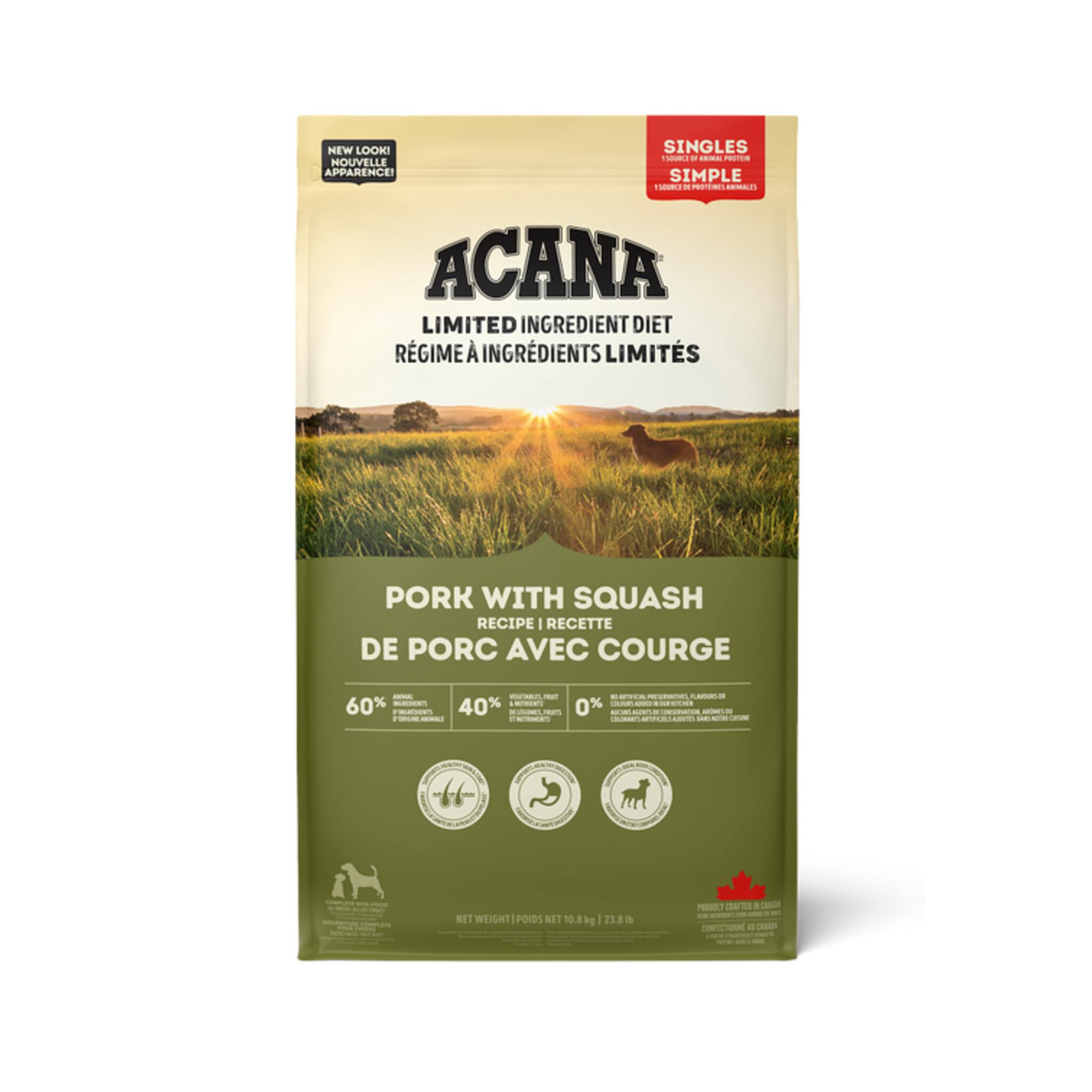 A bag of Acana Singles dog food, Pork with Squash recipe, 23.8 lb.