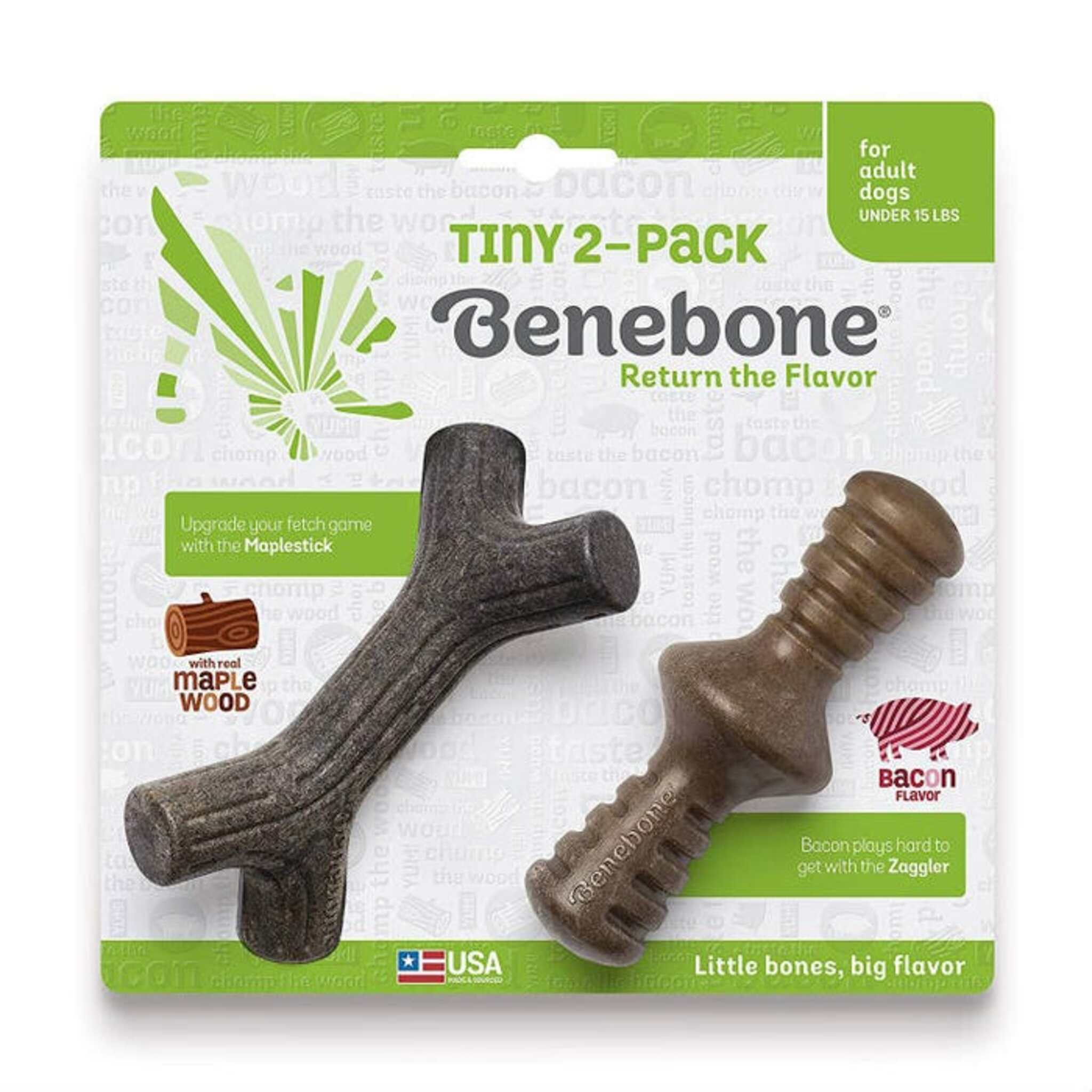 Benebone Tiny Adult Maple Stick & Zaggler Bacon 2 Pack Dog Toy