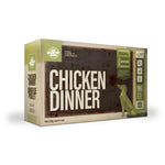 A carton of Big Country Raw dog food, Chicken Dinner, 4 lb. (contains four 1 lb patties), requires freezing.