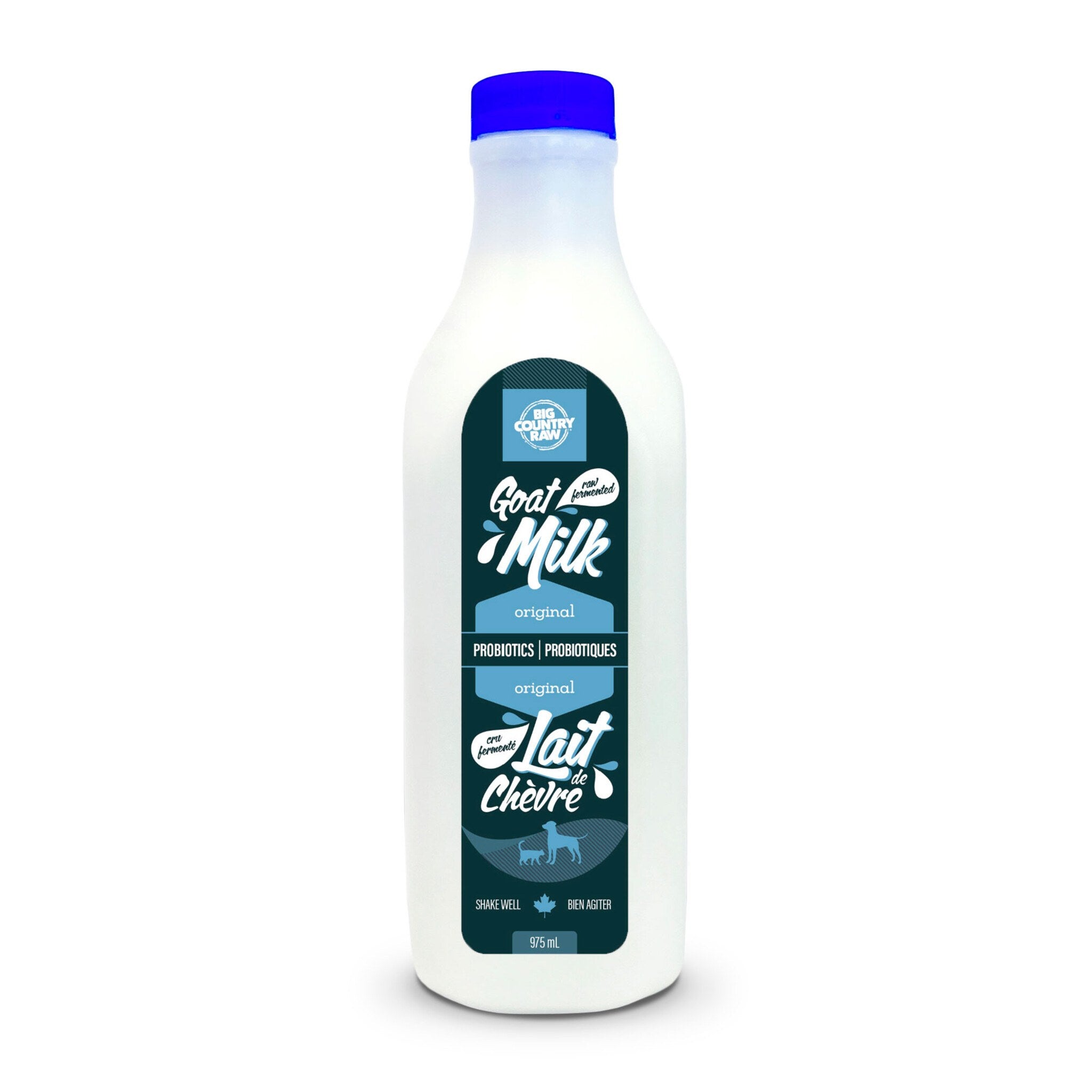 A container of Big Country Raw Goat Milk, original recipe with probiotics, 975 mL, requires freezing.