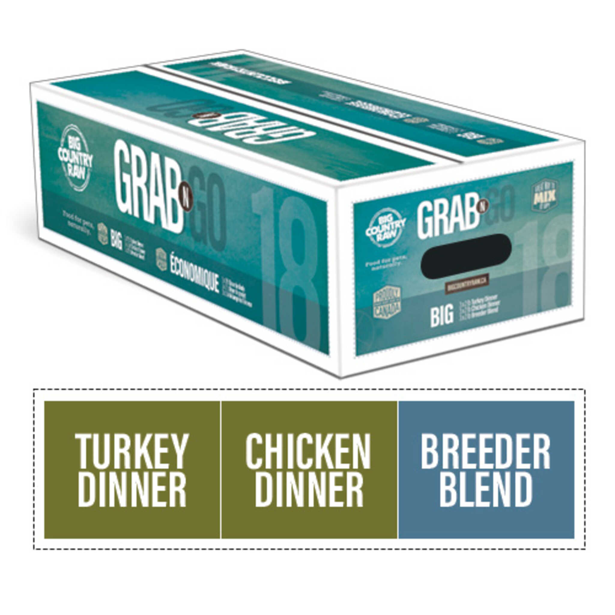 A box of Big Country Raw Grab & Go Big 18, bulk dog food, contains 3 recipes: turkey dinner, chicken dinner, breeder blend, 18 lb (contains nine 2 lb containers), requires freezing.