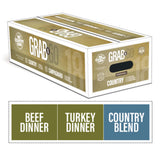 A box of Big Country Raw Grab & Go Country 18, bulk dog food, contains 3 recipes: Beef dinner, Turkey dinner, Country blend, 18 lb (contains nine 2 lb containers), requires freezing.