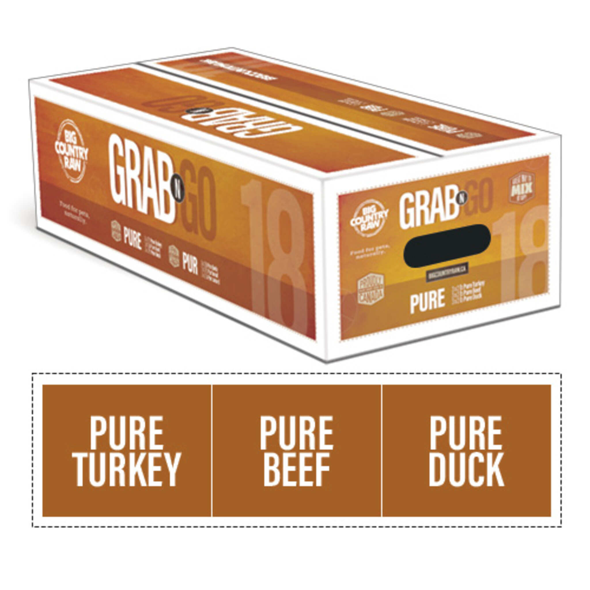 A box of Big Country Raw Grab & Go Pure 18, bulk dog food, contains 3 recipes: pure turkey, pure beef, pure duck, 18 lb (contains nine 2 lb containers), requires supplementation & freezing.