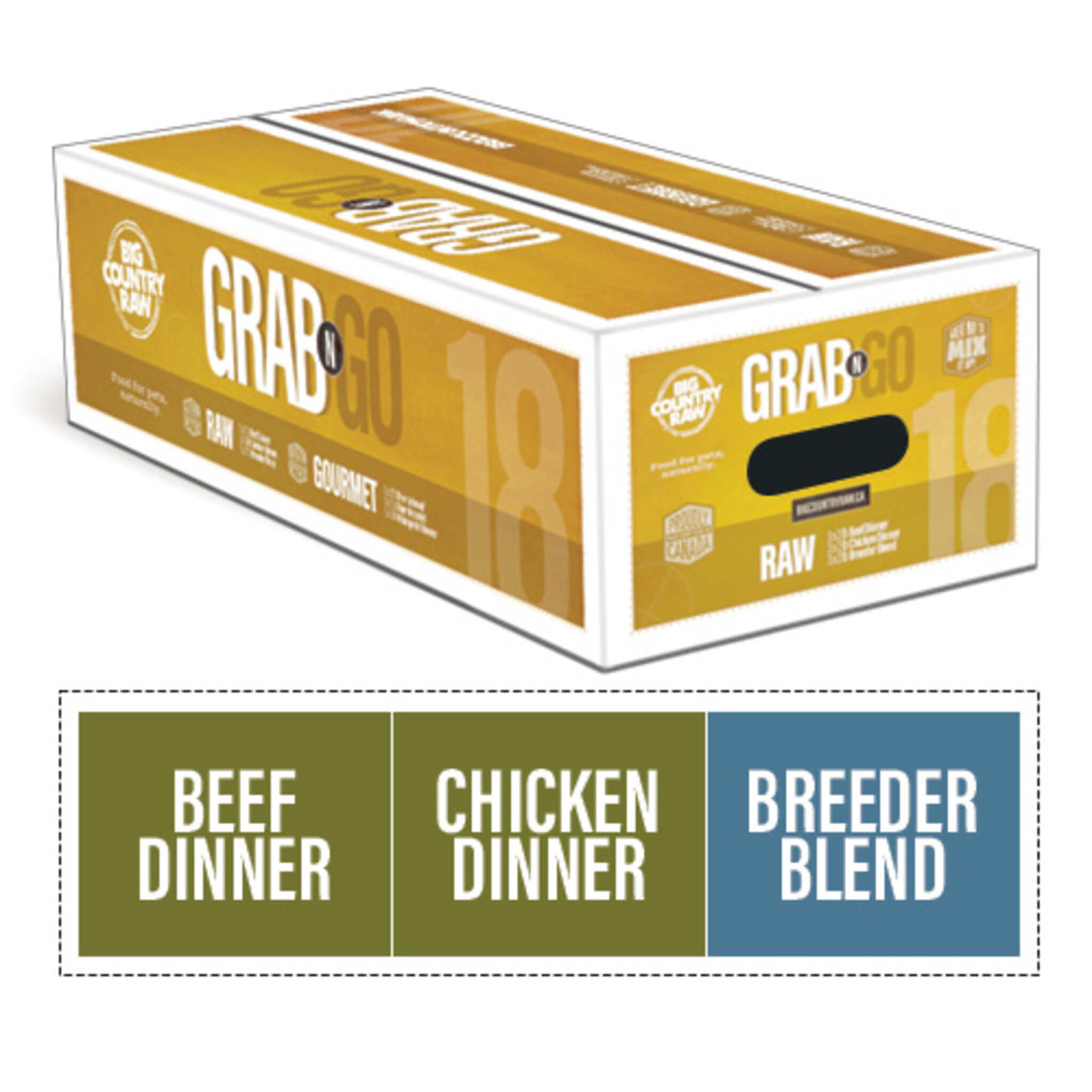 A box of Big Country Raw Grab & Go Raw 18, bulk dog food, contains 3 recipes: beef dinner, chicken dinner, breeder blend, 18 lb (contains nine 2 lb containers), requires freezing.