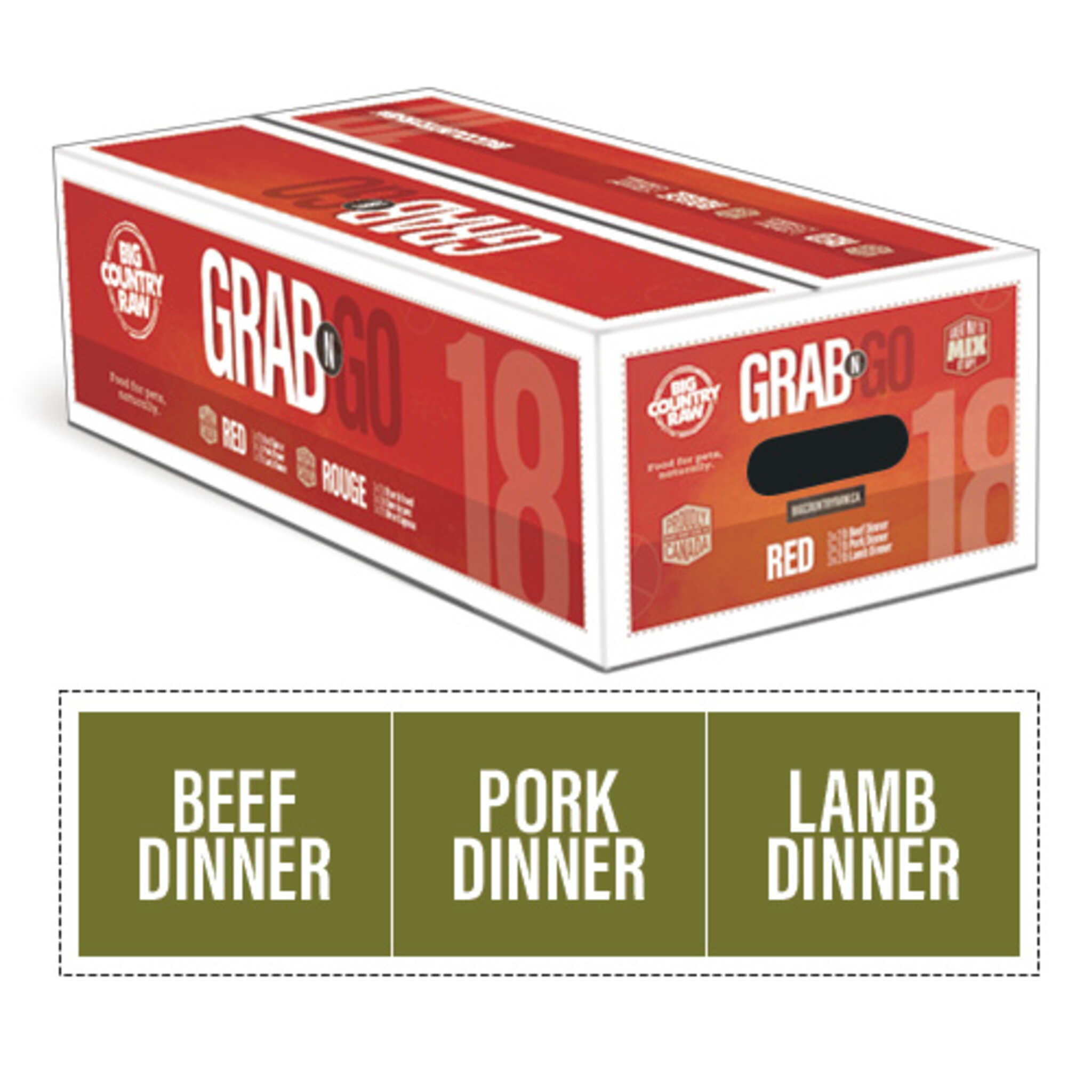 A box of Big Country Raw Grab & Go Red 18, bulk dog food, contains 3 recipes: beef dinner, pork dinner, lamb dinner, 18 lb (contains nine 2 lb containers), requires freezing.