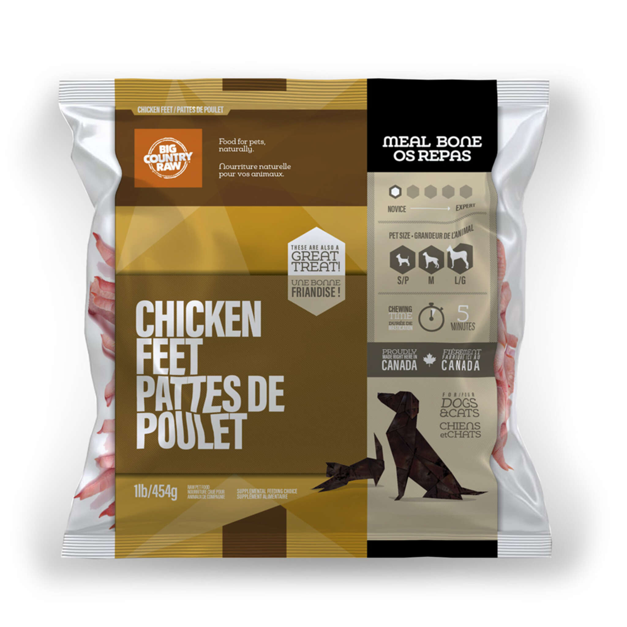 A bag of Big Country Raw Chicken feet, Cat or Dog treat, 1 lb, roughly 5 minutes chewing time per treat, requires freezing.