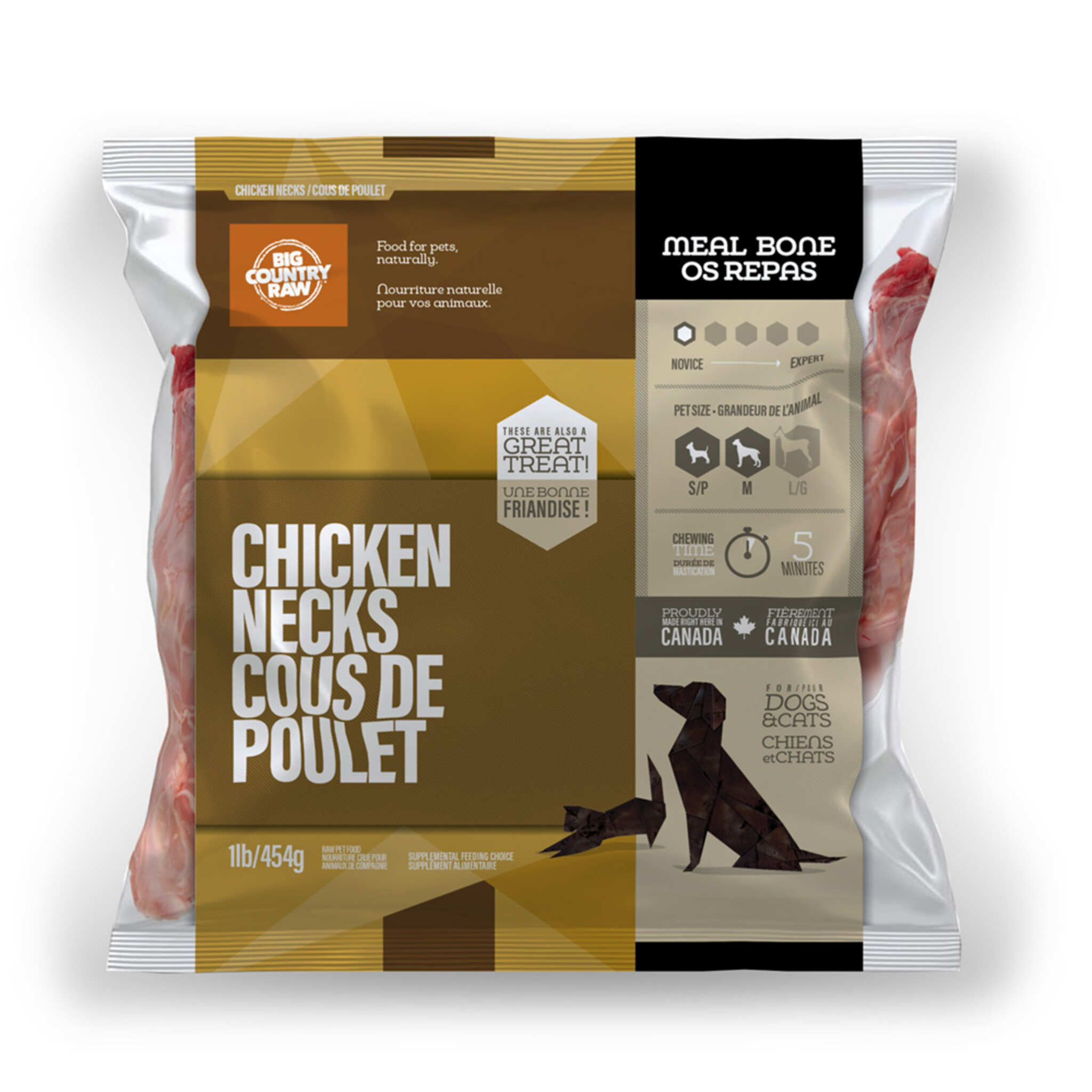 A bag of Big Country Raw Chicken necks, Cat or Dog treat, 1 lb, roughly 5 minutes chewing time per treat, requires freezing.