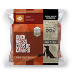 A bag of Big Country Raw Duck Necks, Cat or Dog treat, 1 lb, roughly 5 minutes chewing time per treat, requires freezing.