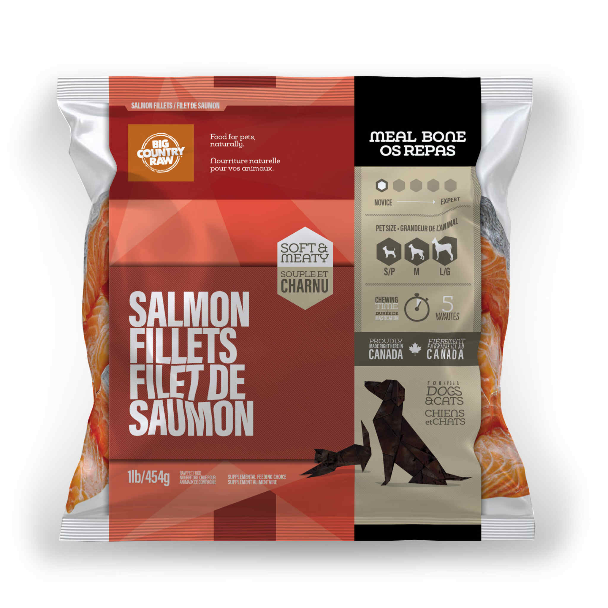 A bag of Big Country Raw Salmon Fillets, Cat or Dog treat, 1 lb, roughly 5 minutes chewing time, requires freezing.